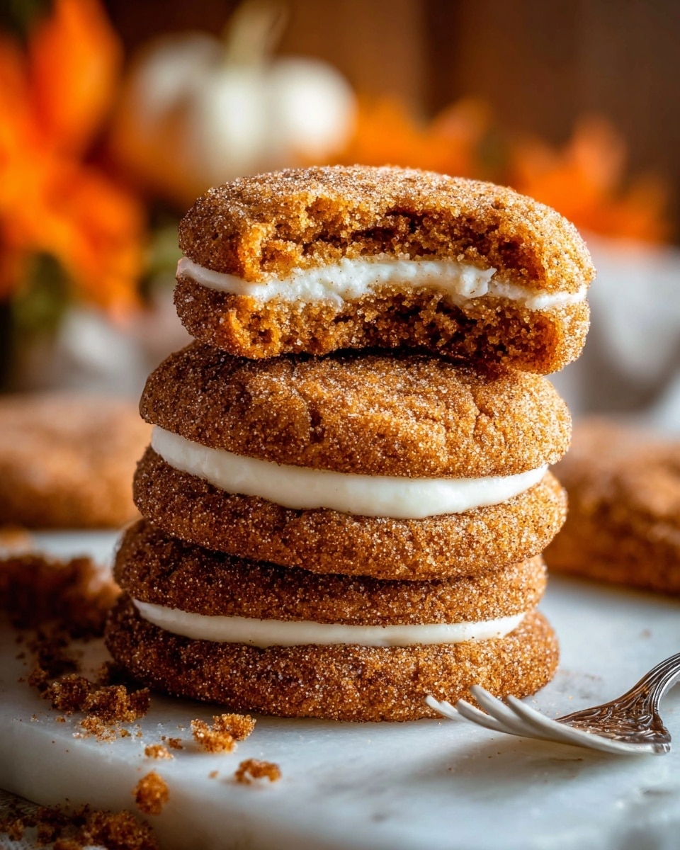 A tall stack of four soft-looking cookies with a crumbly texture is shown, each cookie coated in a mixture of cinnamon and sugar giving a grainy, warm brown surface; between each cookie is a smooth, thick layer of white cream filling that looks soft and slightly glossy; the top cookie is bitten to reveal the contrast between the brown exterior and the white cream center, adding a sense of texture and depth. The stack is placed on a white marbled surface with scattered cookie crumbs around, and a silver fork rests nearby. In the background, blurred elements give a cozy, autumn feel with warm orange and brown tones visible. photo taken with an iphone --ar 4:5 --v 7