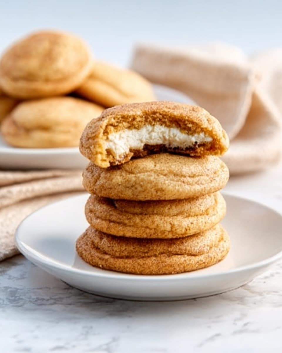 A stack of five round cookies with a golden-brown color sits on a white plate. The top cookie is broken in half, revealing a soft, light-colored filling inside. In the background, there is a second white plate with more cookies and a light brown cloth on a white marbled surface. The lighting is bright and natural, making the cookies look soft and inviting. Photo taken with an iphone --ar 4:5 --v 7