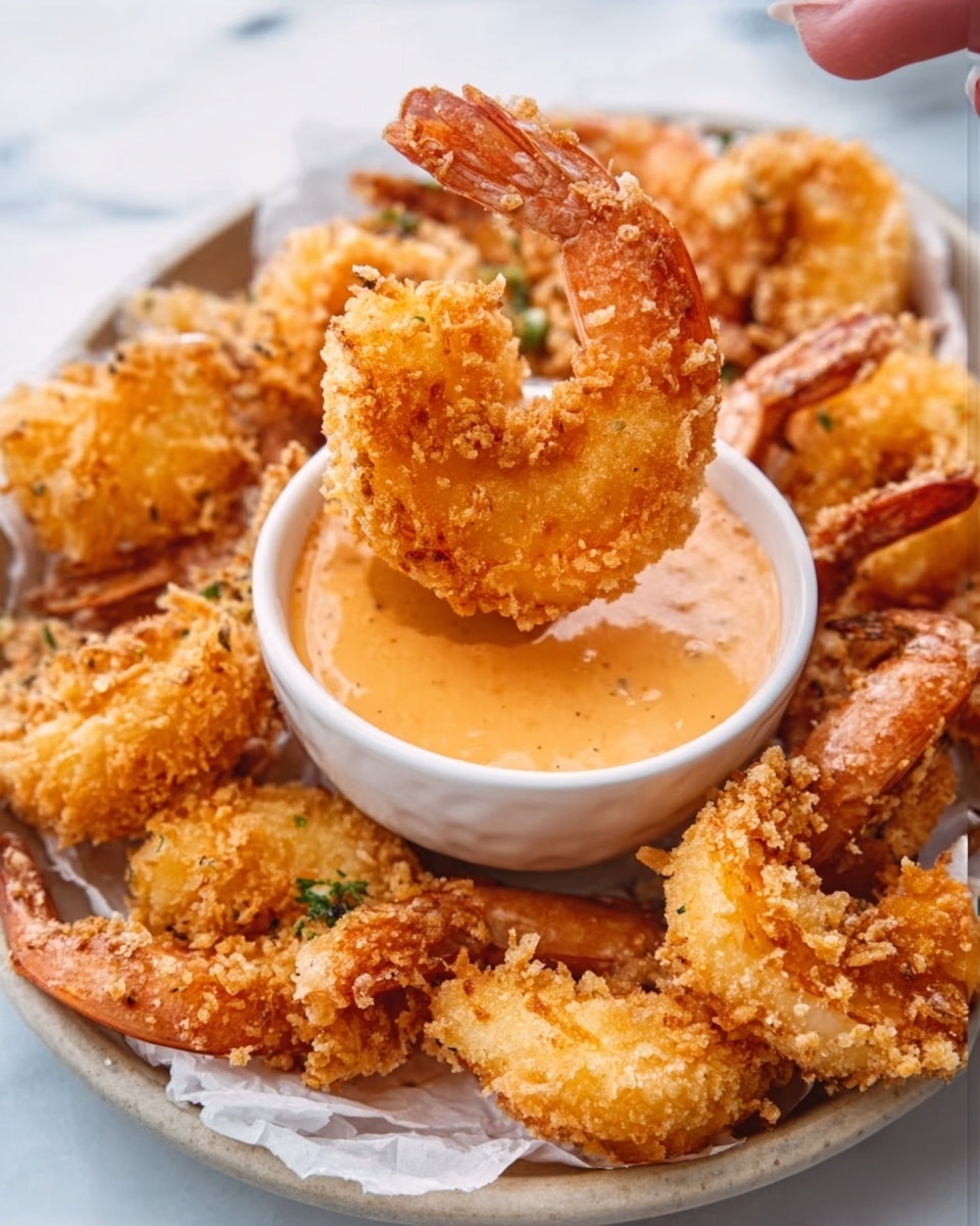 A white bowl filled with creamy orange dipping sauce sits in the center of a round plate holding several golden brown fried shrimp. One shrimp is lifted above the bowl by a woman's hand, showing its crispy texture. The shrimp have a rough, crunchy coating and are arranged around the bowl. The surface under the plate has a white marbled texture. The photo taken with an iphone --ar 4:5 --v 7
