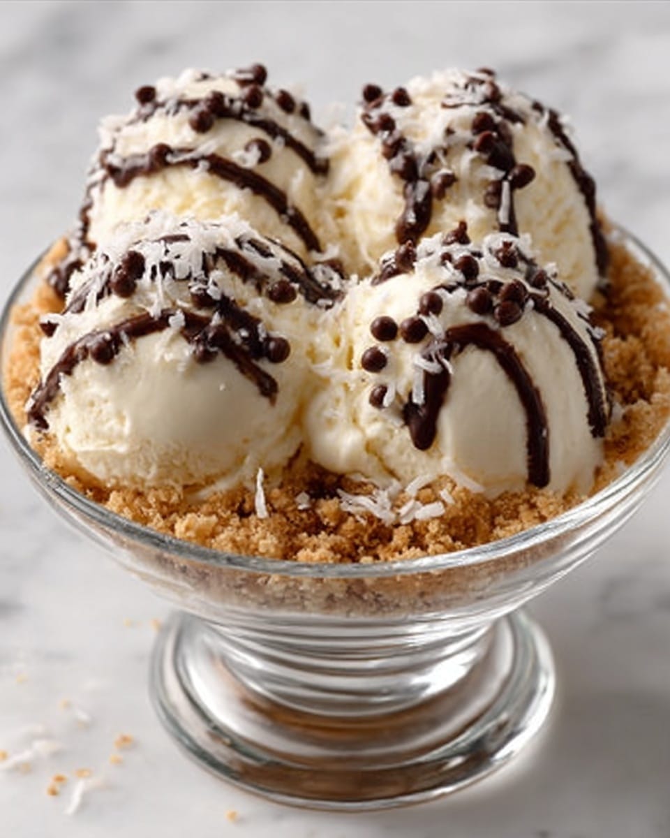 A clear glass bowl holds three large scoops of creamy, pale yellow ice cream, with small chocolate chips sprinkled on top and drizzled with thin dark chocolate sauce lines. The ice cream sits on a thick bed of crumbly, light brown crushed cookies or graham crackers that fills the bottom of the bowl. Around the edge of the crumb layer, small white coconut flakes add texture. The bowl is placed on a white marbled surface. Photo taken with an iphone --ar 4:5 --v 7