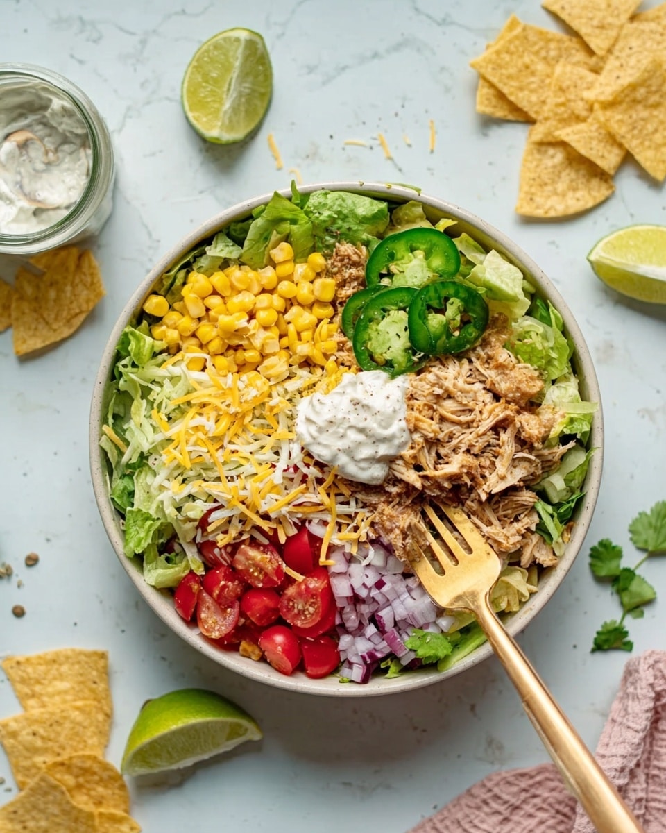 A white bowl filled with a colorful layered salad sits on a white marbled surface. Inside the bowl, starting from the left side, there is fresh green lettuce, bright yellow corn, small diced red tomatoes, finely chopped red onions, shredded yellow cheese, and coarsely shredded brown chicken. On top of the chicken, there are two slices of green jalapeño and a dollop of white sour cream. A small wedge of lime rests near the center, and a woman's hand is holding a light wooden fork in the bowl's lower left part. Around the bowl, there are pieces of round tortilla chips and a few small seasoning containers. The overall scene is bright and fresh with natural light. Photo taken with an iphone --ar 4:5 --v 7