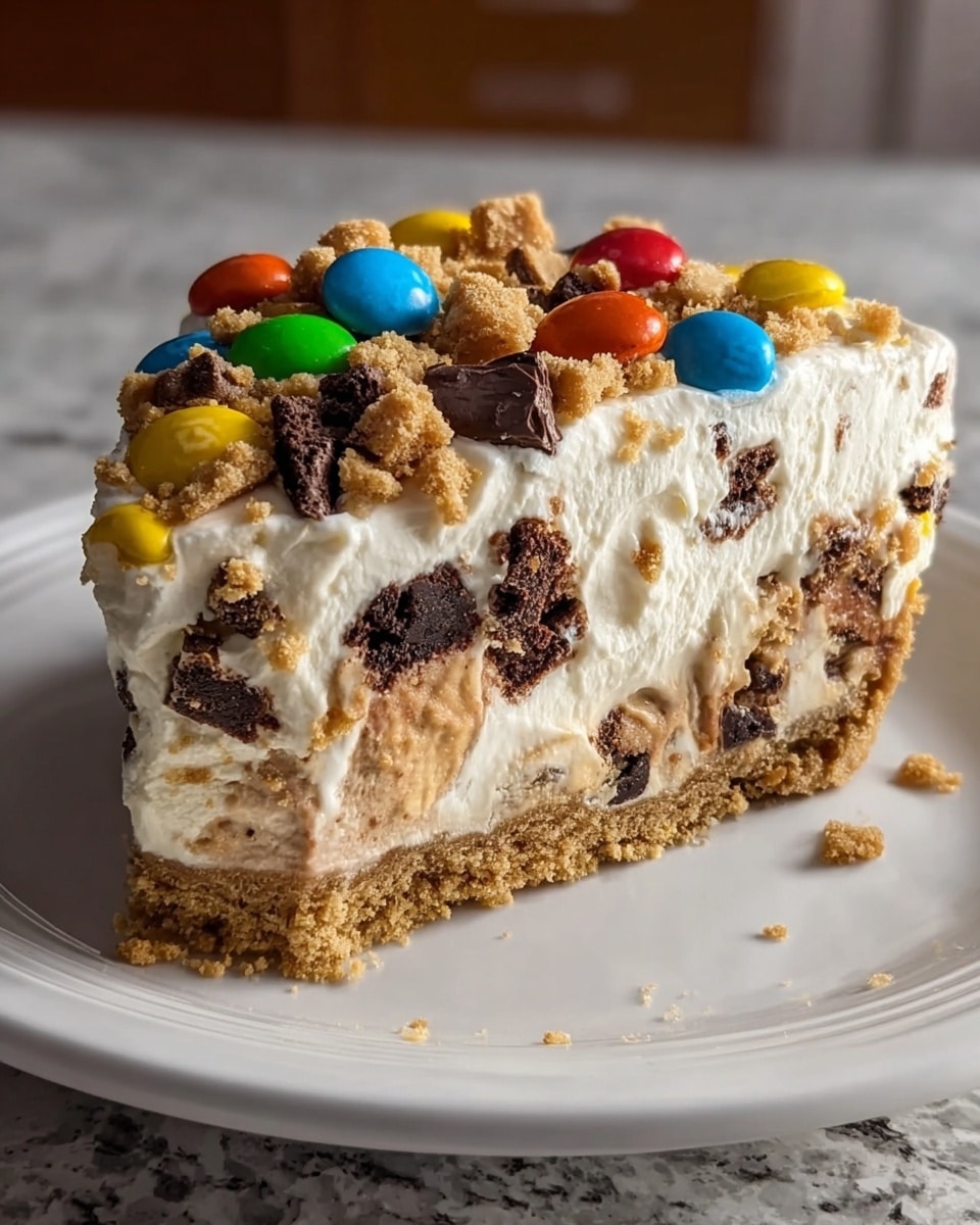 A slice of creamy dessert with three main layers sits on a white plate over a white marbled texture. The bottom layer is a crumbly light brown crust, firm and compact. The middle layer is thick, white, and fluffy cream with chocolate and cookie chunks mixed in, giving it a textured look with brown bits inside. The top layer is a smooth creamy layer with colorful candy pieces in red, blue, green, yellow, and orange, along with more cookie crumbs scattered around. The overall look is rich and inviting, with a mix of smooth cream and crunchy toppings. photo taken with an iphone --ar 4:5 --v 7