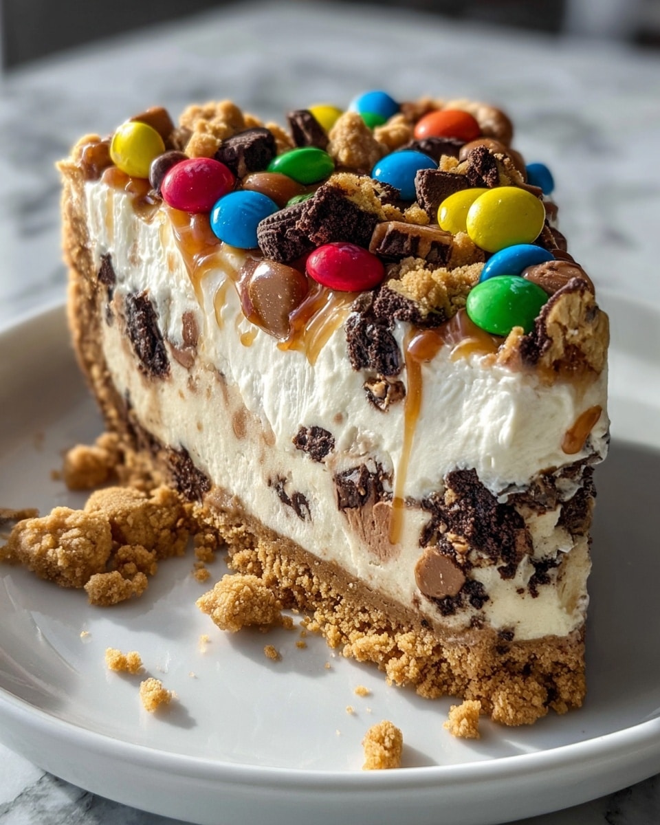 A slice of layered dessert with three main layers is shown on a white plate, set on a white marbled surface. The bottom layer is a golden-brown crumb crust with a slightly rough texture. The middle layer is thick and creamy, white in color with chunks of dark chocolate cookie pieces spread inside. The top layer is topped with colorful candy-coated chocolates and crumbled cookie pieces, giving a mix of bright reds, yellows, greens, blues, and browns. Some light caramel drizzle is visible on the cream near the top edge, adding a glossy touch. There are crumb bits scattered on the plate near the slice. Photo taken with an iphone --ar 4:5 --v 7