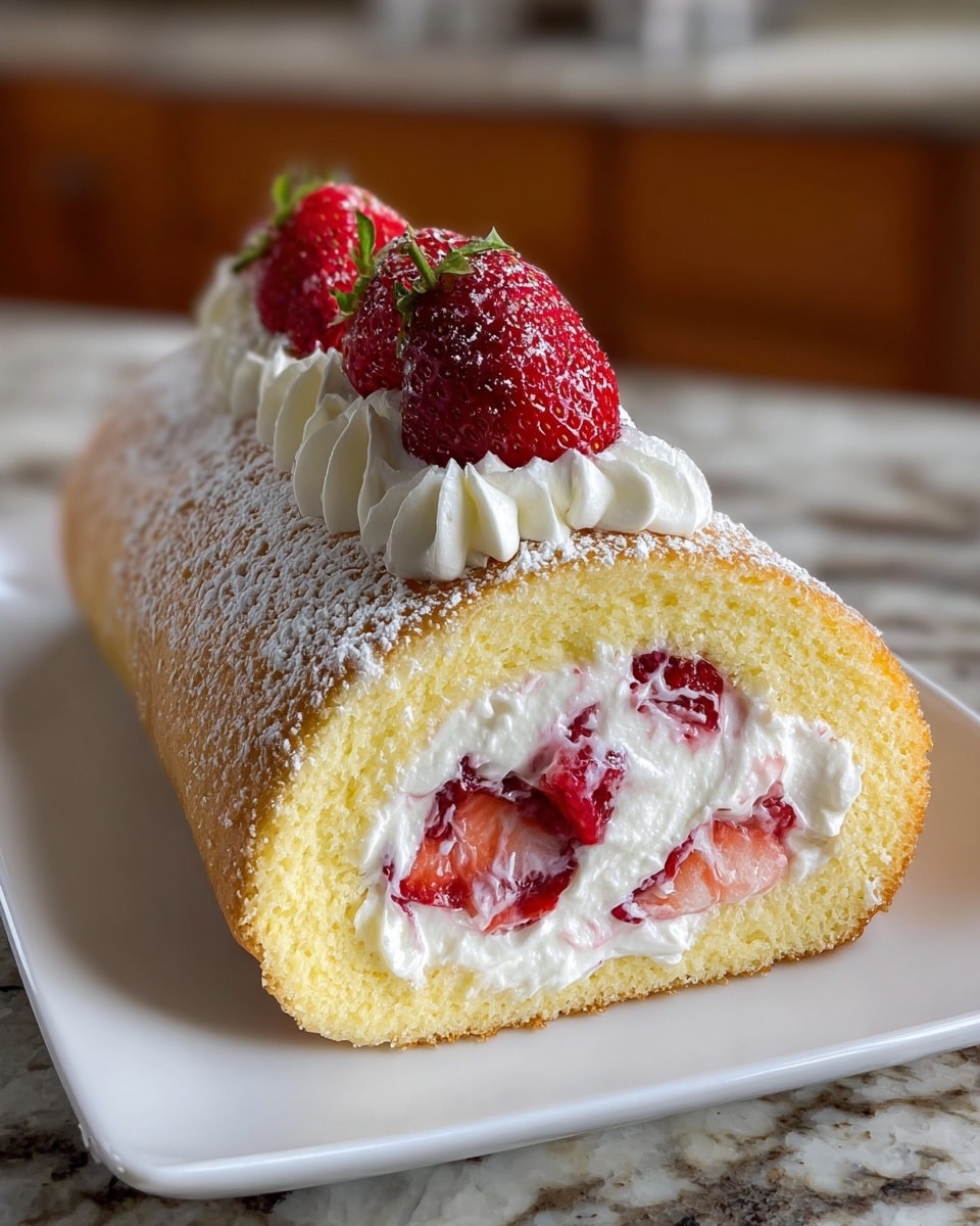 A rolled cake slice rests on a white plate, featuring a soft, light yellow sponge cake exterior dusted lightly with powdered sugar. Inside, a thick layer of white whipped cream is swirled with fresh red strawberry pieces, showing a contrast of creamy and juicy textures. On top, three whole bright red strawberries sit atop a line of piped whipped cream that runs along the cake's length. The background shows a warm, slightly blurred kitchen setting with a white marbled surface below. photo taken with an iphone --ar 4:5 --v 7