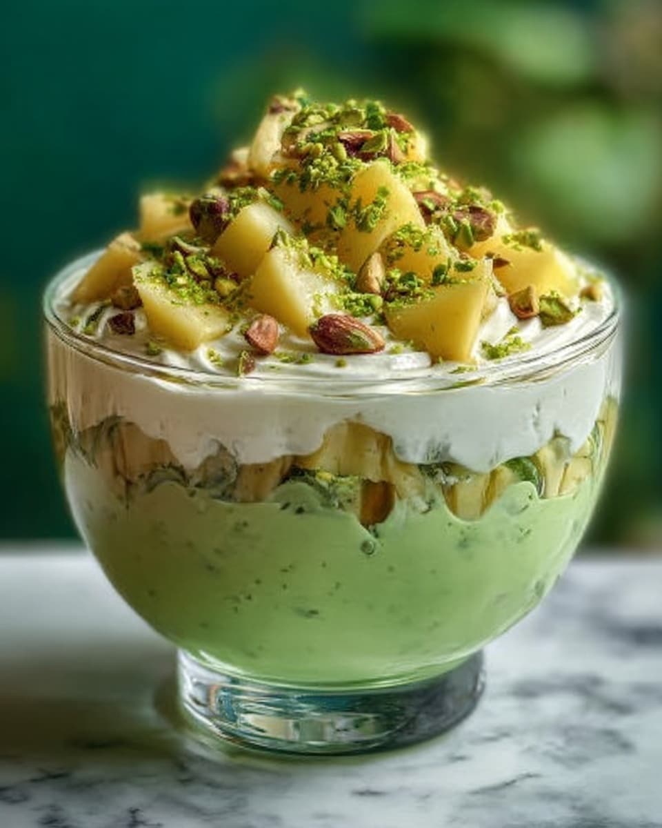 The image shows a clear glass bowl filled with three main layers: the bottom layer is a smooth, light green pudding, the middle layer is a creamy white topping spread evenly, and the top layer is decorated with large light yellow chunks of fruit, sprinkled with small green nuts and a few green herbs. The bowl sits on a white marbled surface with a blurred green background. photo taken with an iphone --ar 4:5 --v 7