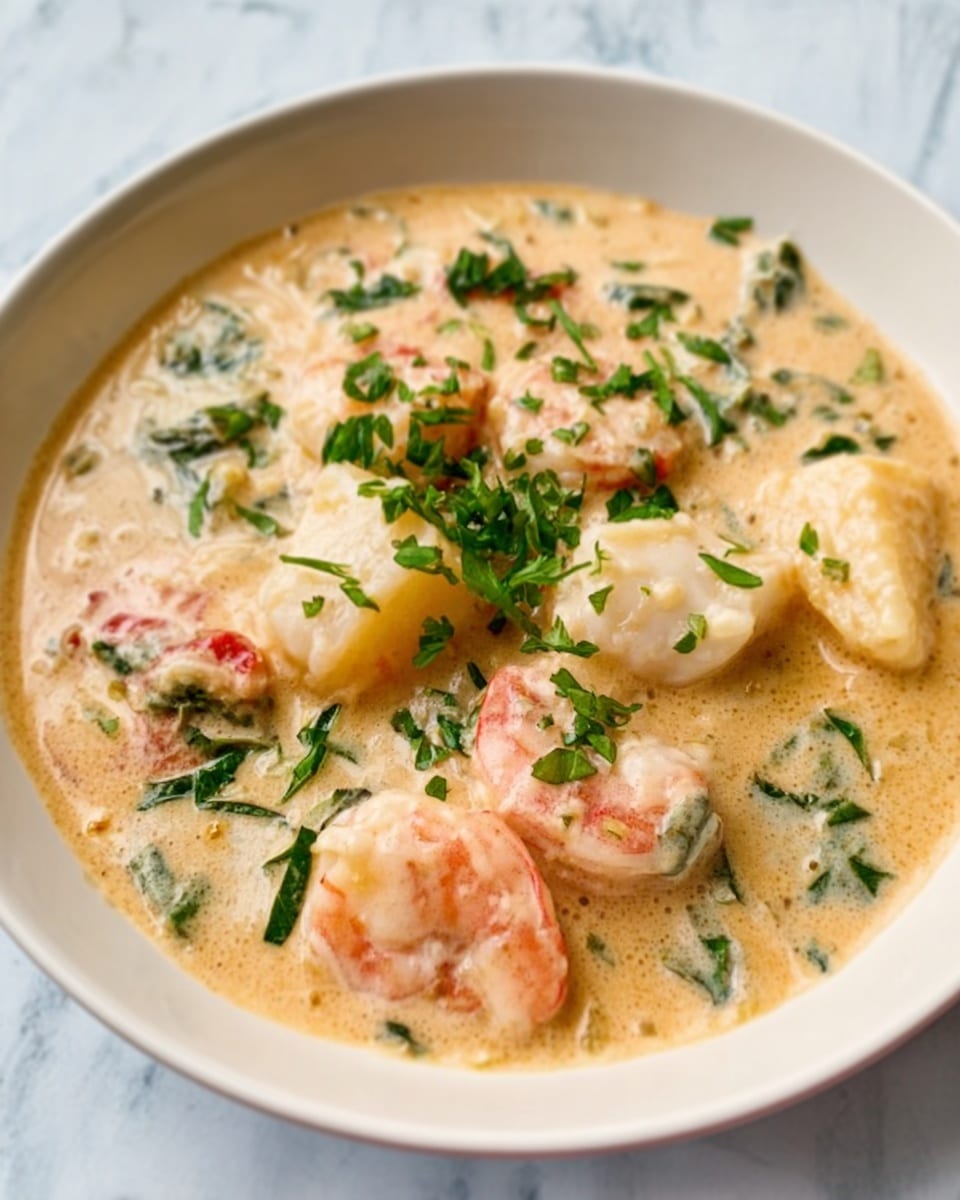 The image shows a white bowl filled with a creamy seafood stew. The stew has an orange-beige sauce with a smooth texture. Inside the sauce, there are visible large pink shrimp and white fish chunks evenly spread throughout. On top, finely chopped green herbs are sprinkled, adding a fresh touch of color. The bowl sits on a white marbled surface, giving a clean and bright look. photo taken with an iphone --ar 4:5 --v 7