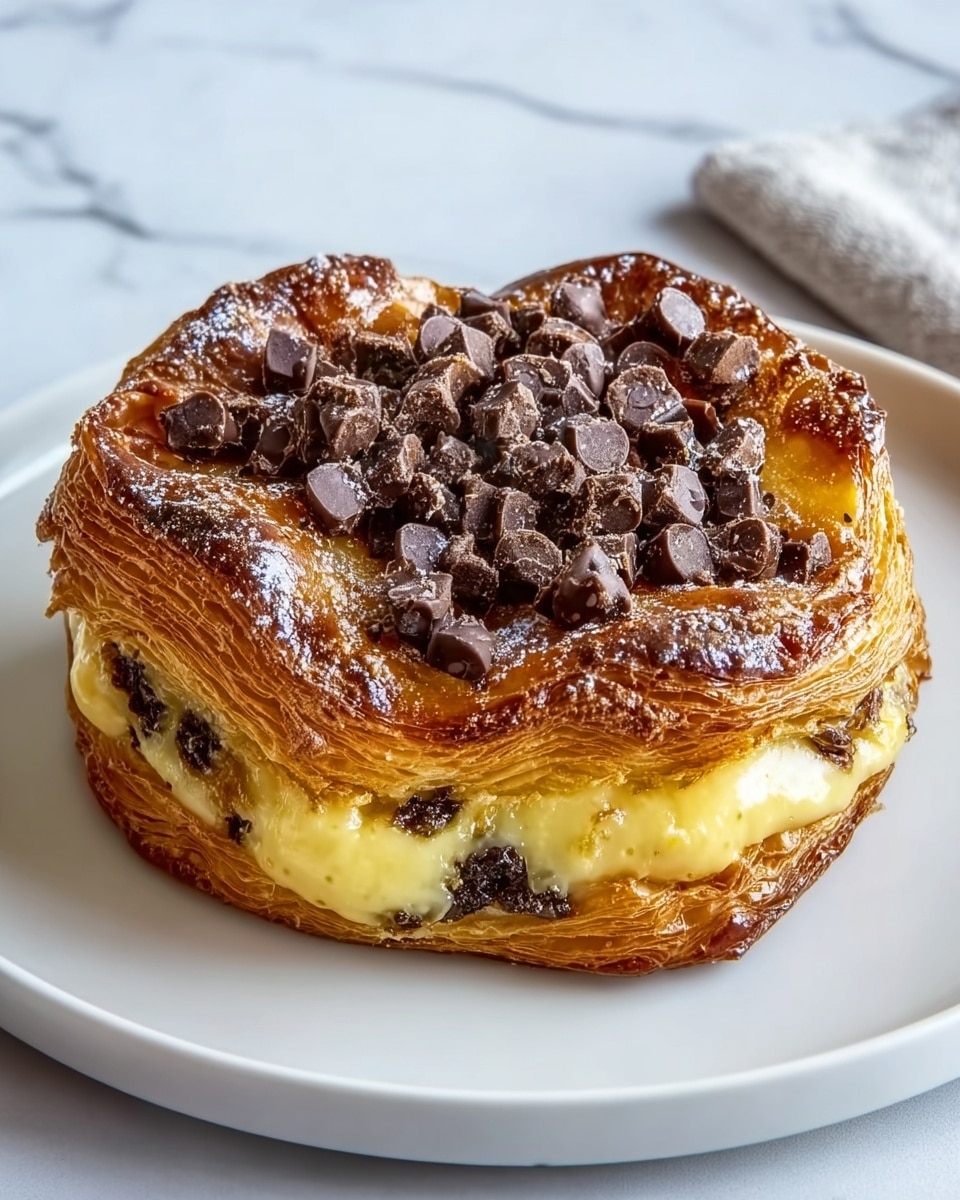 A round pastry with multiple flaky, golden-brown layers forms the outer part, showing a shiny, crispy texture. Inside, there is a creamy yellow custard layer topped with scattered dark chocolate chips and chunks, which add a mix of smooth and rough textures. The pastry is placed on a white plate and set against a white marbled texture background. Photo taken with an iphone --ar 4:5 --v 7