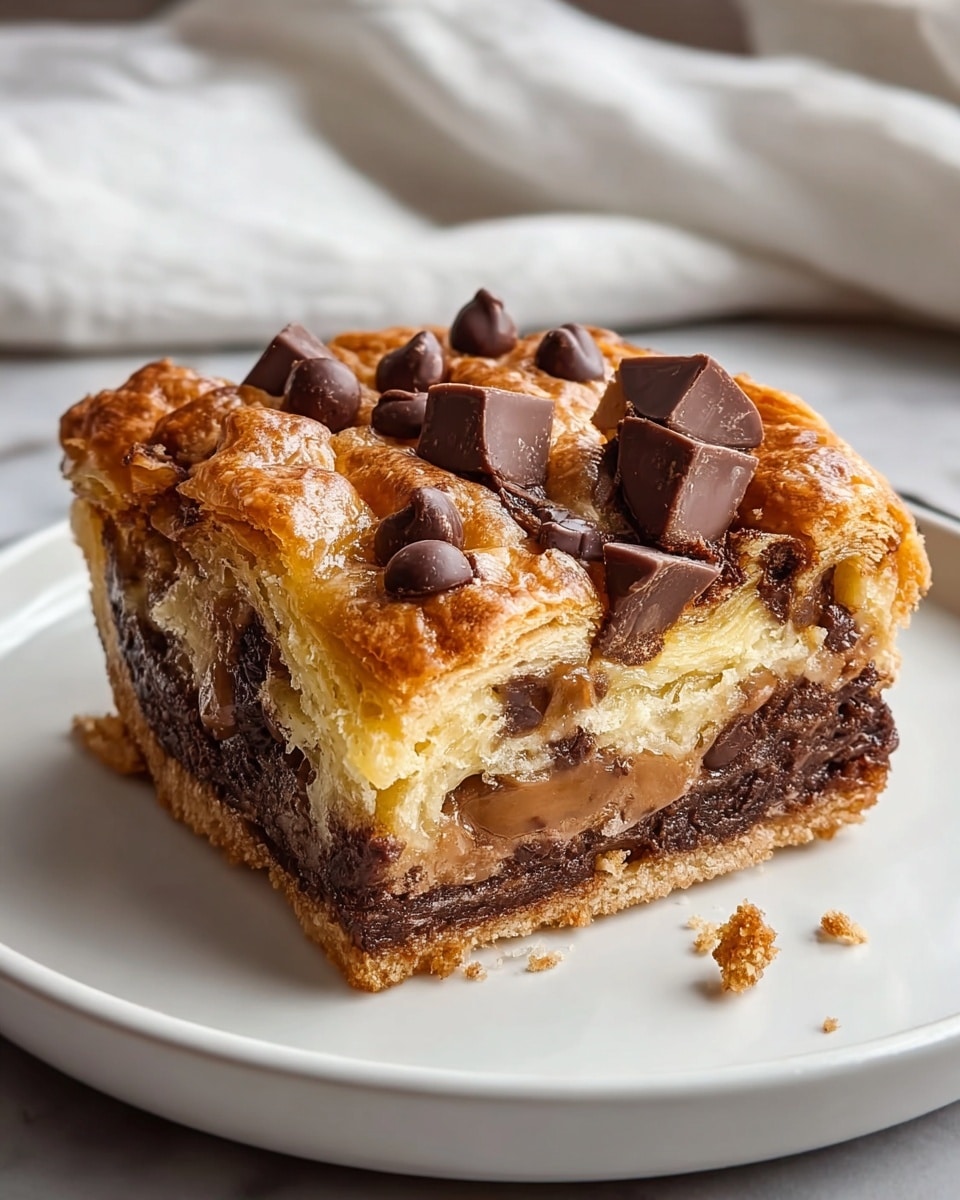 A square piece of pastry sits on a white plate with a few crumbs around it. The bottom layer is a thin, crumbly crust with a dark brown color. Above this is a thick layer of chocolate chips melted and mixed with a gooey, light brown filling. The top layer is a golden-brown, flaky pastry that shows several folded layers with a shiny surface. On top of the pastry are scattered dark chocolate chunks and chocolate chips, giving texture with some pieces slightly melted. The background has a white marbled texture with a soft white cloth in the blurred background. Photo taken with an iphone --ar 4:5 --v 7