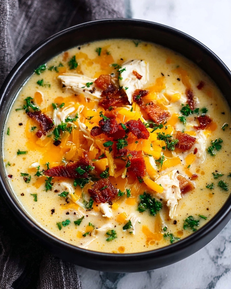 The image shows a creamy soup in a large red pot with two handles, placed on a white marbled surface. The soup has a thick, pale yellow broth with visible layers including chunks of white shredded chicken scattered evenly throughout, bright orange melted cheddar cheese drizzled across the surface, small pieces of crispy browned bacon spread around, and fresh dark green parsley leaves sprinkled on top. Black pepper specks dot the soup’s surface, adding texture. The overall look is rich and hearty with a mix of creamy, meaty, and fresh colors. photo taken with an iphone --ar 4:5 --v 7