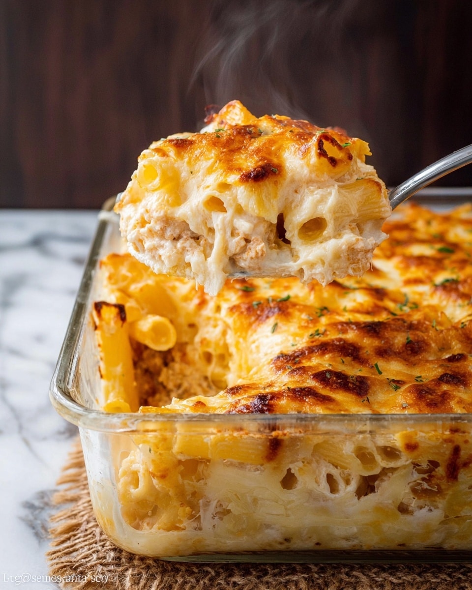 A close-up of a creamy baked pasta dish in a clear glass square baking dish with a middle scoop being lifted by a silver spoon, showing three visible layers: a top layer of golden melted cheese with a slightly crispy texture and light browning, a middle layer of creamy white sauce mixed with tender pasta tubes, and a bottom layer of soft pasta pieces slightly coated with sauce. The baking dish sits on a woven mat on a white marbled surface, and steam rises gently from the hot pasta. Photo taken with an iphone --ar 4:5 --v 7