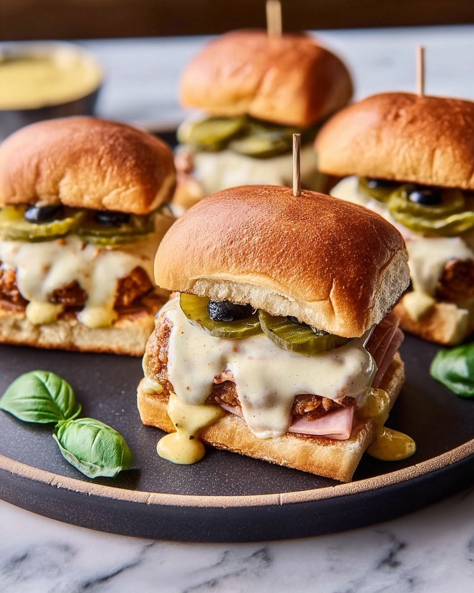 A small sandwich is shown on a black tray placed on a white marbled surface. The sandwich has four layers inside a shiny brown bun with sesame seeds: the bottom layer is a creamy white spread, above it are green leafy vegetables, then a thick piece of grilled brown tofu or patty, and the top bun is decorated with a yellow mustard-like sauce and two black olives, held together by a wooden skewer in the center. There are three more similar sandwiches blurred in the background on the same black trays. photo taken with an iphone --ar 4:5 --v 7