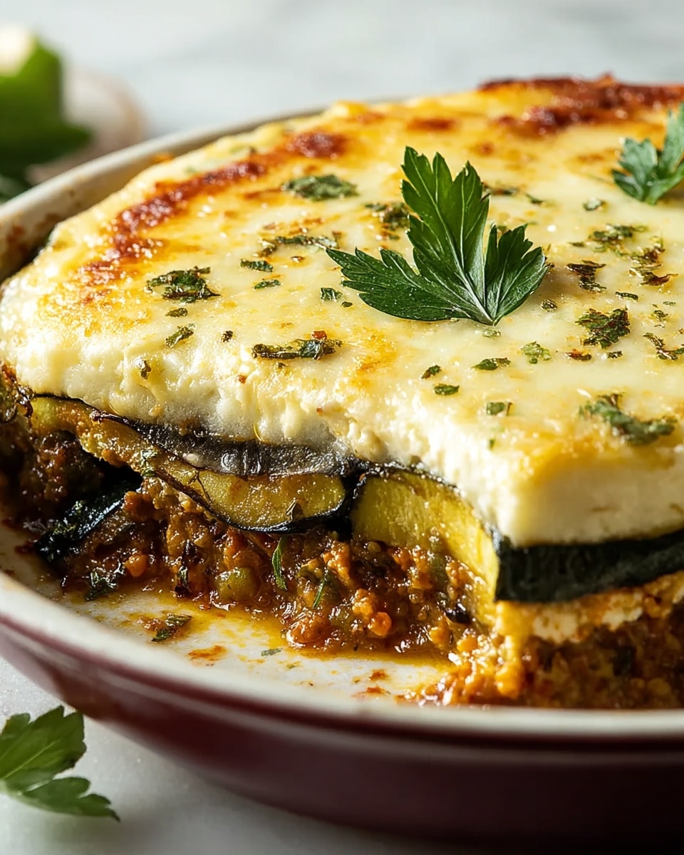The image shows a close-up of a baked dish with several layers. The bottom layer is a textured, golden brown and slightly chunky mixture, likely a vegetable or meat base. Above this is a layer of dark green vegetables, possibly sliced zucchini or squash. The top layer is a thick, creamy white cheese layer that is melted and browned on top, with golden spots and small green herb sprinkles. A few fresh green parsley leaves are placed on the cheese for decoration. The dish is served in a white round dish with a maroon rim, placed on a white marbled surface. photo taken with an iphone --ar 4:5 --v 7