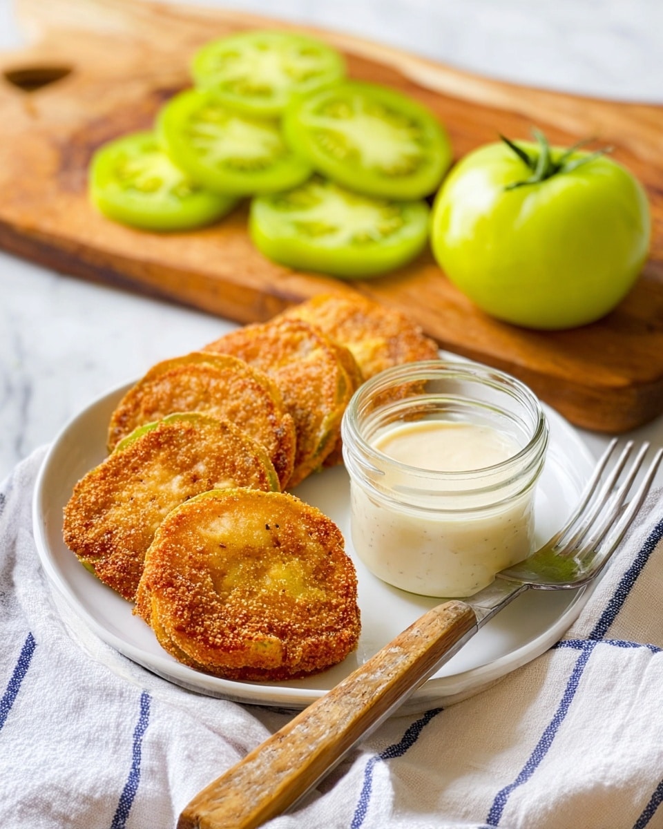 The image shows a white plate with five golden brown fried green tomato slices arranged in a slightly overlapping row from bottom right to top left. To the right of the tomato slices, there is a small white bowl filled with a white creamy dipping sauce with light herbs mixed in. A fork with a wooden handle lies on the left side of the plate resting on a white cloth with blue and red stripes. Beside the plate, on the top left, there are two whole green tomatoes with smooth skin. At the bottom left, a wooden cutting board holds several green tomato slices in light green color and a knife with a wooden handle. A clear glass with ice and lemon pieces sits at the top right corner on a wooden surface. The whole scene is set on a white marbled textured surface. photo taken with an iphone --ar 4:5 --v 7