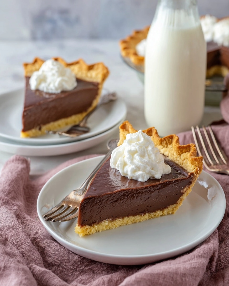 A single slice of chocolate pie with three layers is shown on a white plate. The bottom layer is a light golden crust that looks flaky and crisp. The middle layer is a thick, rich chocolate filling with a smooth but slightly textured surface, dark brown in color. On top, there is a swirl of white whipped cream placed neatly in the center. The background includes a white marbled texture, and a tall glass of milk is partially visible behind the plate. Photo taken with an iphone --ar 4:5 --v 7