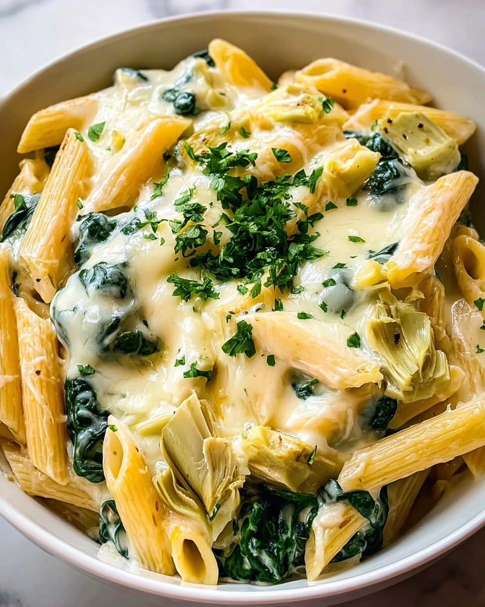 This image shows a close-up of a creamy pasta dish in a white bowl on a white marbled surface. The dish has a base layer of cooked penne pasta, light yellow in color and smooth in texture. Mixed in are dark green spinach leaves that add a soft, leafy texture. On top is a thick, creamy white sauce with melted cheese, covering pieces of soft, pale yellow artichoke hearts. There are small green parsley leaves sprinkled on top, adding a fresh touch of color. The whole dish looks rich and smooth with a mix of soft and creamy textures. photo taken with an iphone --ar 4:5 --v 7