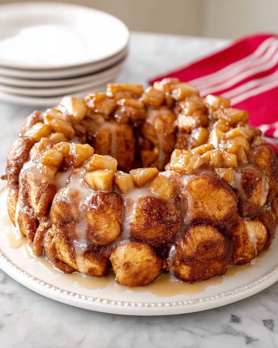 A close-up view of a ring-shaped pull-apart bread made of many golden brown dough pieces coated in cinnamon and sugar, with small chunks of cooked apple scattered on top and nestled between pieces. A light cream glaze drips down the sides, adding a shiny texture to the bread. The bread sits on a white plate with a beaded edge, placed on a white marbled surface. photo taken with an iphone --ar 4:5 --v 7