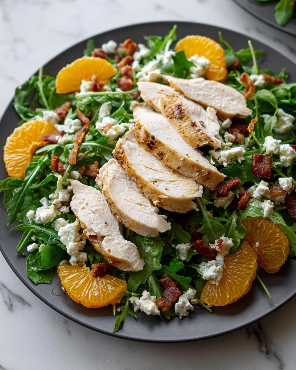 A white plate holds a fresh salad composed of multiple layers, starting with a base of dark green arugula leaves with a slightly rough texture spread evenly across the plate. On top, light beige grilled chicken slices are placed in a scattered but balanced way, their surfaces showing a slightly charred and juicy look. Bright orange mandarin segments are tucked among the greens, offering a smooth and shiny texture. Small white crumbles of cheese are sprinkled sparsely around, adding a soft and crumbly contrast. Pieces of light brown pecans and crispy bacon bits with a reddish-brown color are scattered throughout, giving the salad more texture and color variety. The dish is photographed on a white marbled surface. photo taken with an iphone --ar 4:5 --v 7