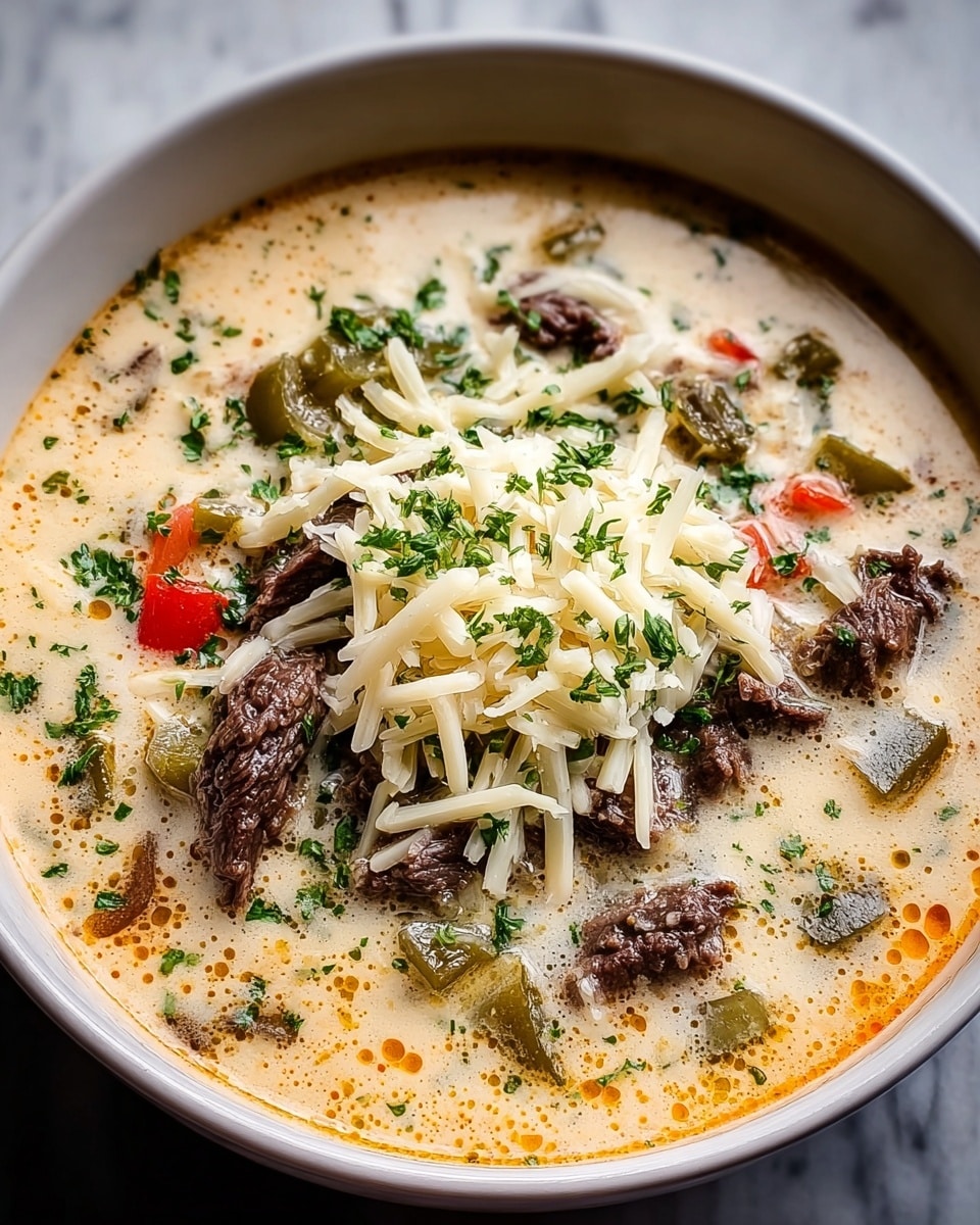 A bowl of creamy soup with three main layers: the base is a light beige creamy broth with small bits of orange oil on the surface; floating in the broth are pieces of dark brown cooked beef, green chopped peppers, and small chunks of red vegetables; on top, there is a pile of white shredded cheese with green chopped herbs sprinkled around it. The bowl is white, and it sits on a white marbled surface. photo taken with an iphone --ar 4:5 --v 7