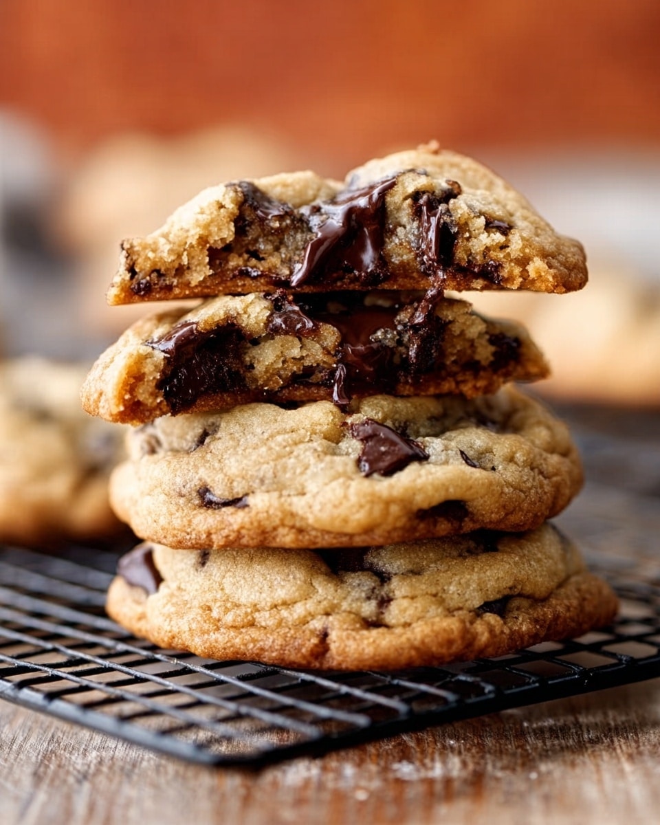 A stack of three thick chocolate chip cookies is shown, with the top cookie broken in half to reveal a soft, gooey inside filled with melted dark chocolate chips. The cookies have a golden-brown color with a slightly crispy edge and a chewy, dense center. They are placed on a wire rack, which rests on a wooden surface. The background is softly blurred with warm tones, drawing attention to the texture of the cookies' surface and the rich chocolate inside. photo taken with an iphone --ar 4:5 --v 7