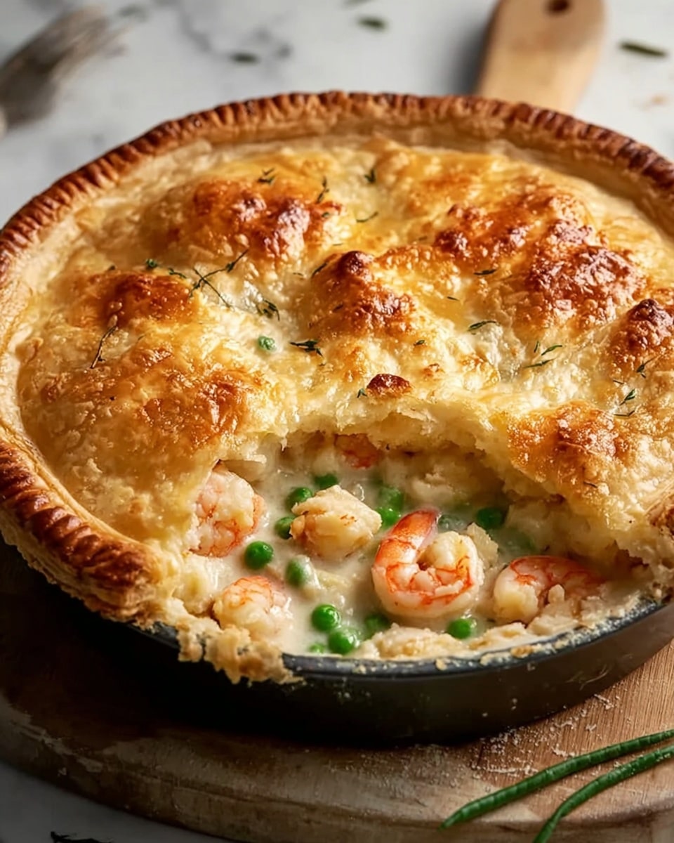 A freshly baked pie with a golden brown, flaky crust on top that has a slightly uneven, bubbly texture. One portion of the crust is removed, showing the inside layers with plump, orange and white shrimp, bright green peas, and a creamy white sauce filling. The pie is in a dark round pan sitting on a wooden board, with a few pieces of green herb sprigs near the base. The whole scene is set on a white marbled surface. Photo taken with an iphone --ar 4:5 --v 7