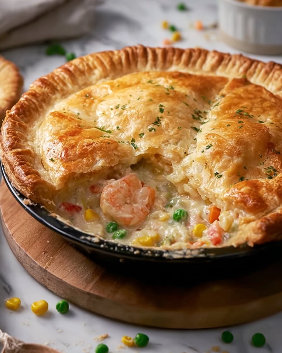 A golden brown pie with a thick, flaky crust that is crimped around the edges, placed on a black pie dish which sits on a wooden round board. The top crust is slightly puffed with a shiny baked texture and sprinkled with small green herbs. A section of the pie is cut out, revealing a creamy white filling with visible pieces of bright green peas, yellow corn, and chunks of pinkish shrimp underneath the crust. The overall setting is on a white marbled surface with some scattered peas and corn kernels around. photo taken with an iphone --ar 4:5 --v 7