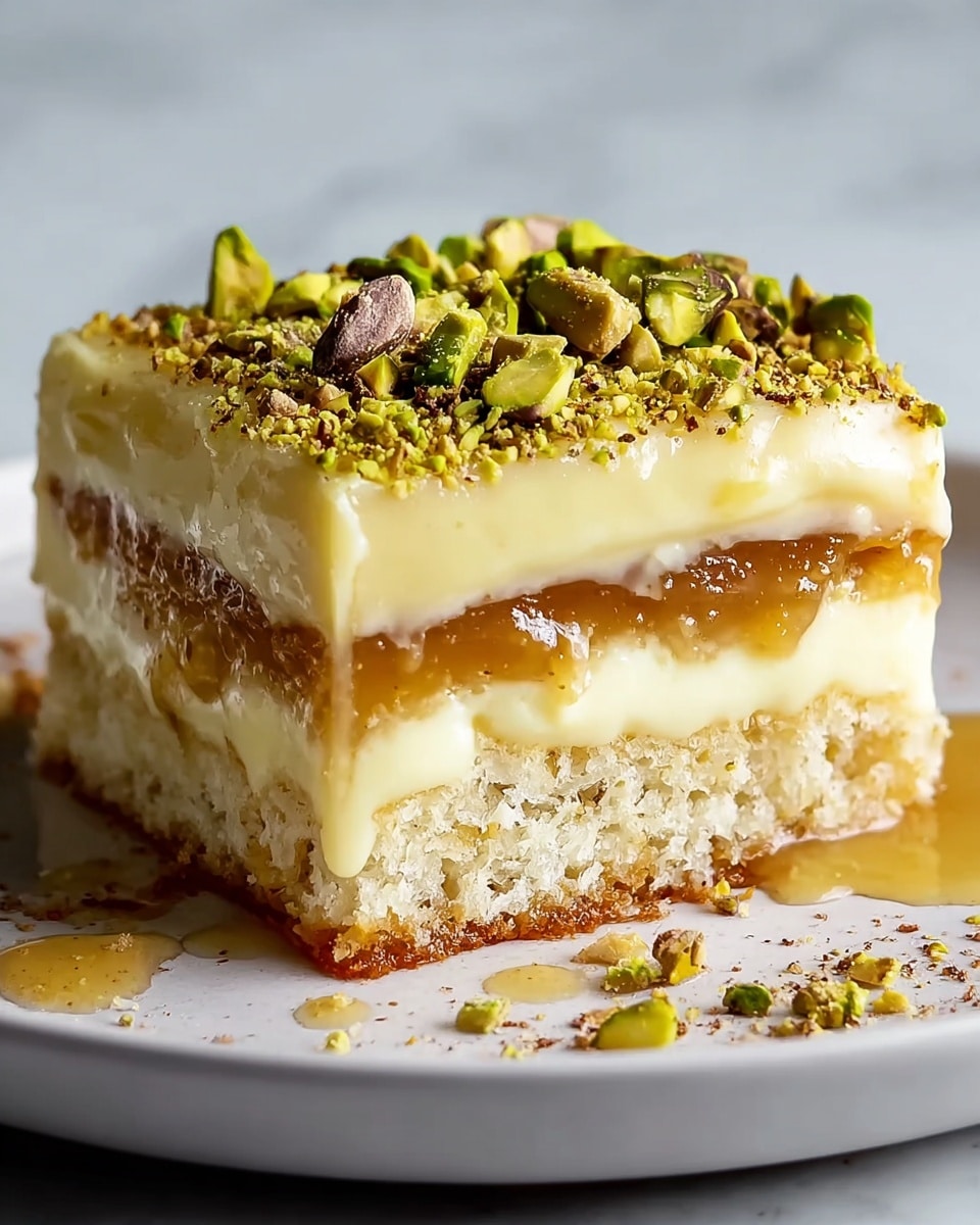 The image shows a square slice of a layered dessert on a white plate with a white marbled texture background. The dessert has three visible layers: the bottom layer is a light, crumbly cake with a pale yellow color; the middle layer is a thick, glossy caramel-like filling with a golden-brown hue; the top layer is a creamy, smooth custard in a pale yellow shade, slightly dripping down the sides. The dessert is sprinkled with chopped green pistachios and a light dusting of brown powder on top, adding texture and color contrast. A drizzle of syrup pools lightly around the base of the slice. photo taken with an iphone --ar 4:5 --v 7