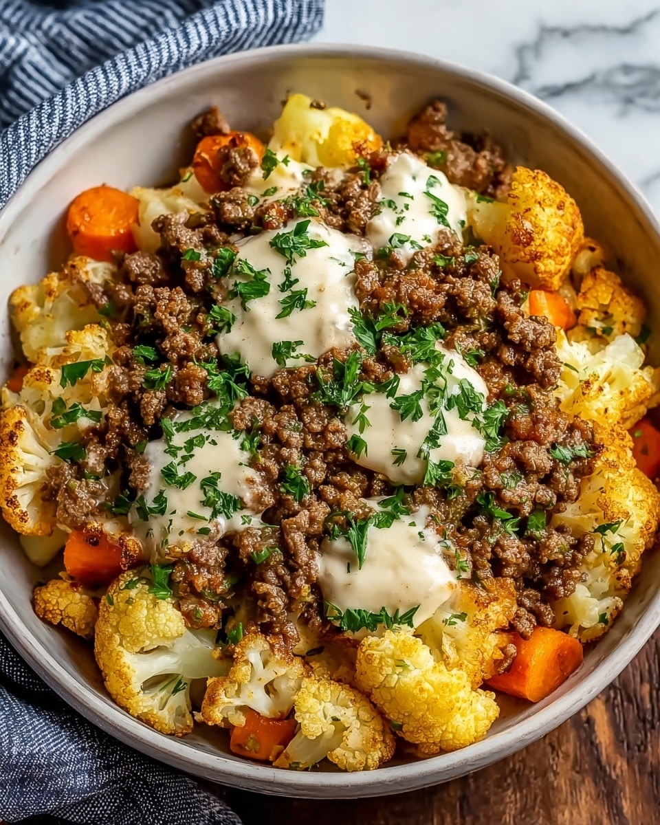 In a deep white bowl, there is a dish with three main layers visible: the bottom layer consists of tender, lightly browned cauliflower florets with a soft yellow color, mixed with a few pieces of bright orange carrot. On top of this, there is a thick layer of cooked ground beef, brown and crumbly, spread evenly over the vegetables. Scattered across the meat are dollops of creamy white sauce, which looks smooth and shiny, and sprinkled with fresh green chopped parsley, adding a bright contrast. The bowl sits on a white marbled surface with a blue and white striped cloth partially visible nearby. Photo taken with an iphone --ar 4:5 --v 7