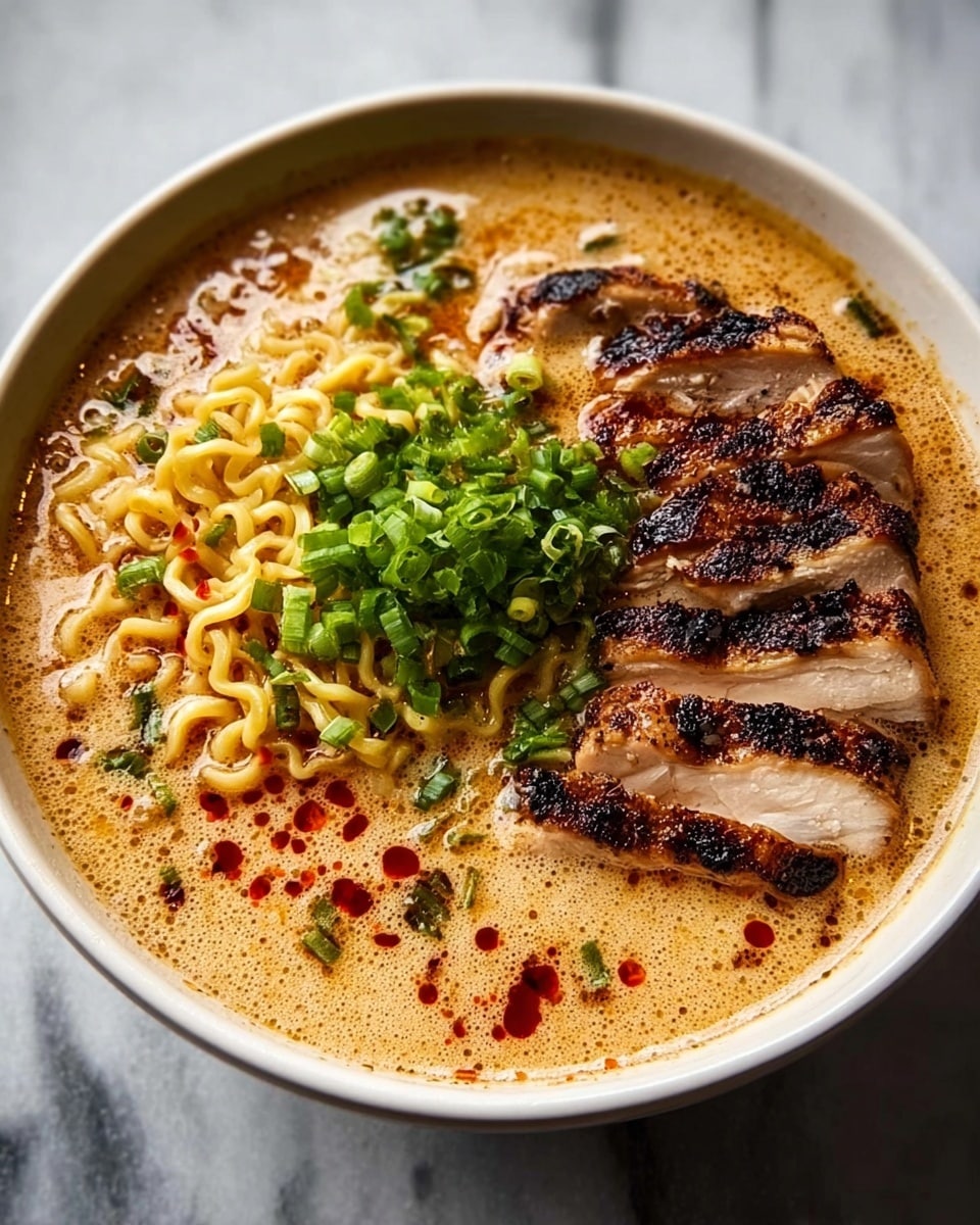 A bowl of ramen with creamy, light brown broth fills the white bowl nearly to the top. On one side, slices of dark brown grilled chicken with slightly charred edges lay neatly. In the middle of the bowl, yellow curly noodles sit immersed in the broth, topped with a small pile of fresh green chopped scallions. Tiny red chili oil drops float on the broth's surface, adding bright contrast. The bowl rests on a white marbled surface. Photo taken with an iphone --ar 4:5 --v 7