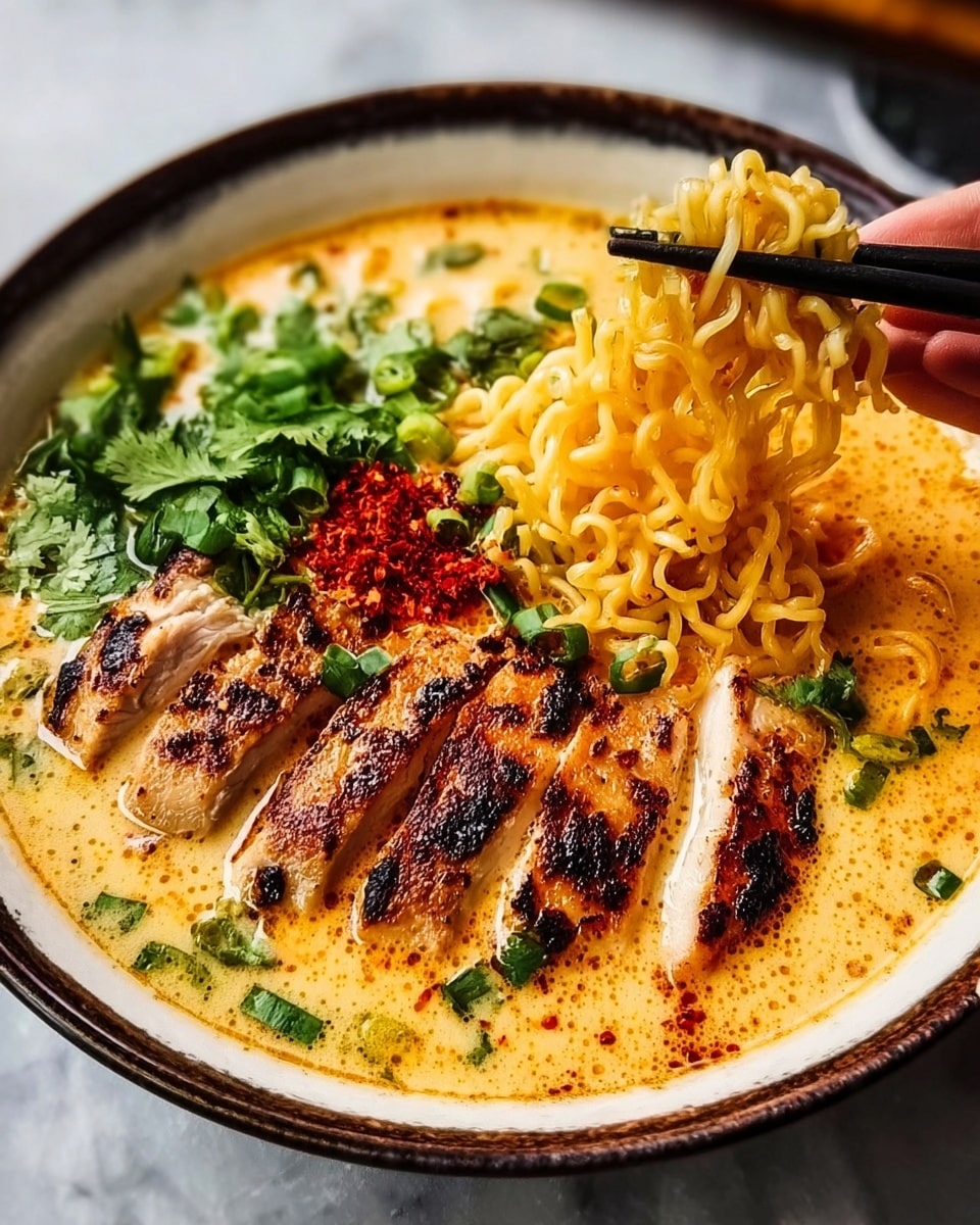 A bowl of ramen with a creamy, light orange broth fills the white bowl with a dark rim. On the left side, there are five slices of grilled chicken with a golden brown char, arranged in a neat row. Bright green chopped scallions and fresh cilantro leaves are scattered on top, adding a fresh pop of color. There is a small pile of red chili powder near the chicken. On the right side, a pair of black chopsticks held by a woman's hand lifts a tangled portion of yellow ramen noodles from the bowl. The white marbled surface underneath adds a clean background. photo taken with an iphone --ar 4:5 --v 7