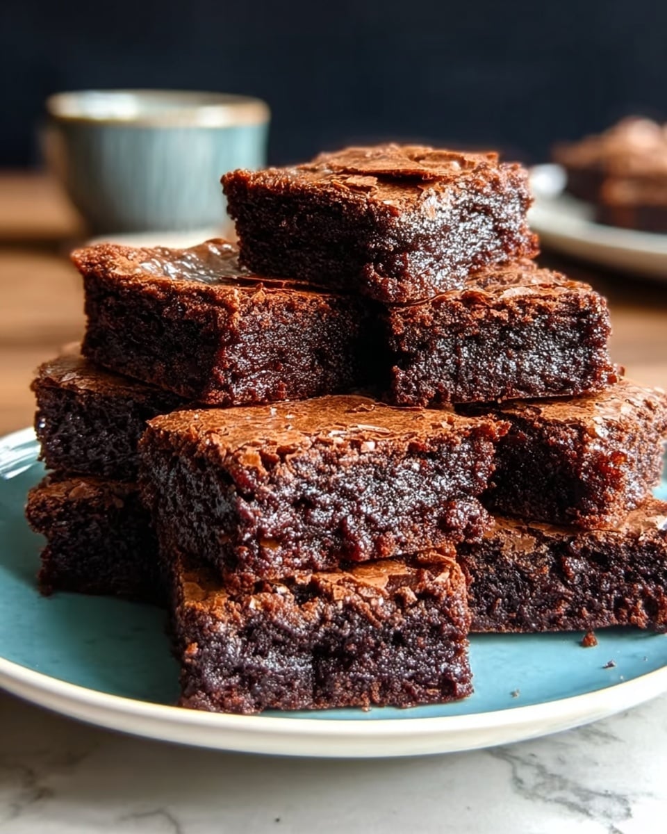 The image shows a stack of nine rich, dark chocolate brownies arranged in three layers on a white plate with a blue inner surface. Each brownie has a shiny, cracked top layer, and the inside looks moist with a crumbly texture, hinting at a dense and fudgy consistency. The plate sits on a white marbled texture surface, and in the background, there is a blurred dark object, adding depth to the picture. Photo taken with an iphone --ar 4:5 --v 7