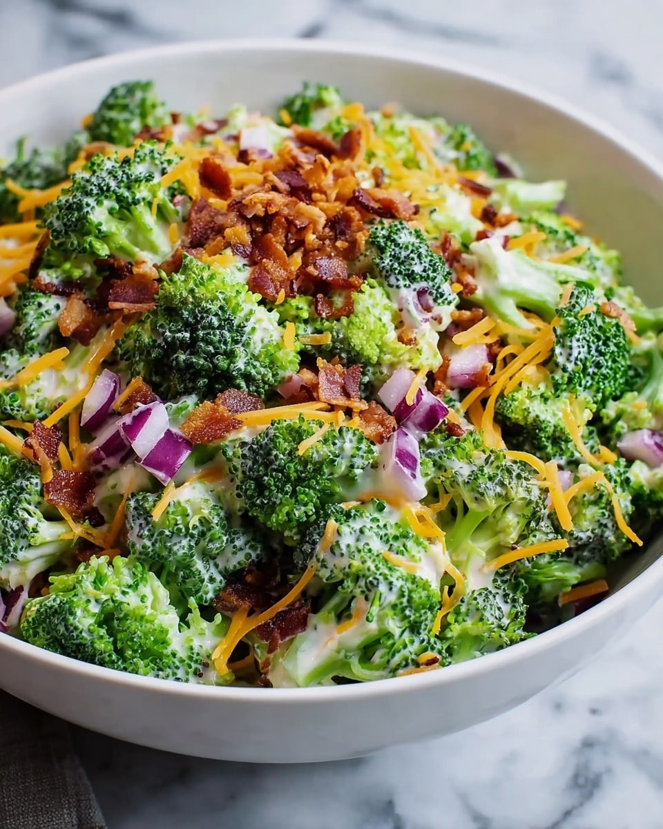 A white bowl filled with a fresh broccoli salad showing bright green broccoli florets mixed with small pieces of purple onion, sprinkled with shredded light orange cheese on top, and scattered with golden-brown crispy bacon bits, all lightly coated with a creamy white dressing. The bowl sits on a surface with a white marbled texture. photo taken with an iphone --ar 4:5 --v 7