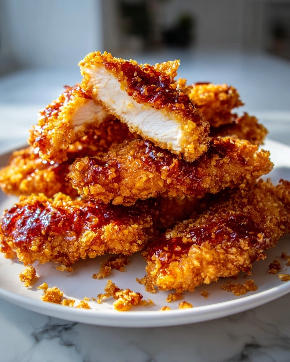 A white plate holds a stack of crispy, golden-brown chicken tenders with a crunchy texture from the coating. The top tender is broken in half, showing a juicy, white inside. The chicken is glazed with a shiny reddish-brown sauce that adds a glossy finish. Some crispy crumbs are scattered around the plate on a white marbled surface in the background, with soft lighting highlighting the texture and color of the chicken. photo taken with an iphone --ar 4:5 --v 7