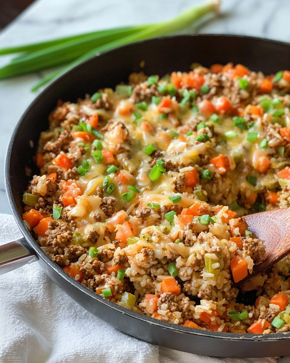 A close-up view of a black pan filled with cooked ground meat mixed with rice and diced vegetables like orange carrots and pale celery pieces. The dish is topped with melted light brown cheese and small chopped green onions scattered across the top. The texture looks soft and a little glossy, showing the melted cheese pulling slightly as a spoon scoops some of the mixture from the right side. The pan is resting on a white marbled surface with a white cloth underneath, and a single green onion lies in the corner. Photo taken with an iphone --ar 4:5 --v 7