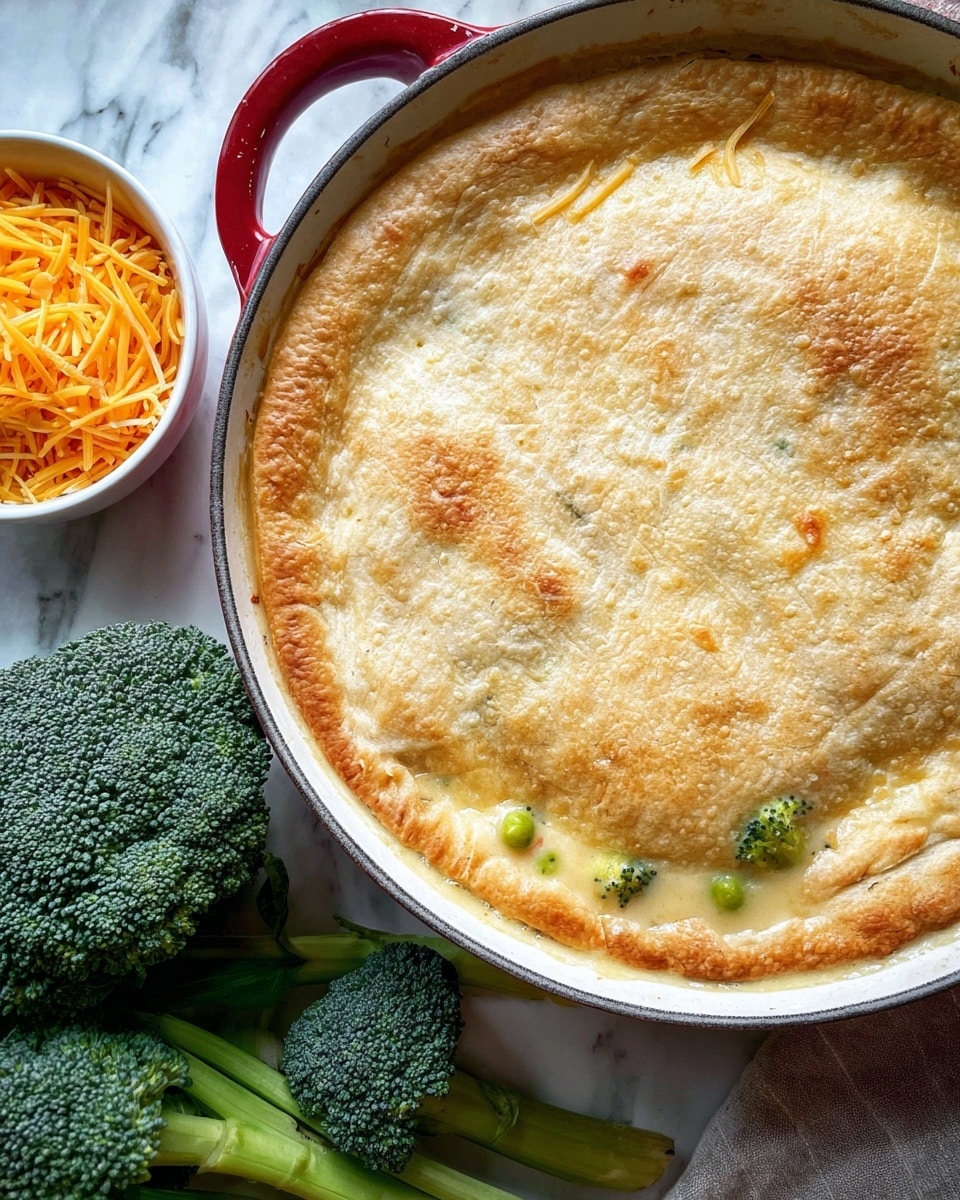 The image shows a golden-brown, lightly puffed pie crust covering a creamy filling inside a round white enamel pan with a red handle. Some small green broccoli pieces peek through the crust near the middle right, suggesting a vegetable filling underneath. The crust has a soft, slightly bubbly texture with faint browned spots on top. To the left of the pan, there is a bunch of fresh, dark green broccoli and a small white bowl filled with shredded orange cheese. The whole scene is set on a white marbled surface. photo taken with an iphone --ar 4:5 --v 7
