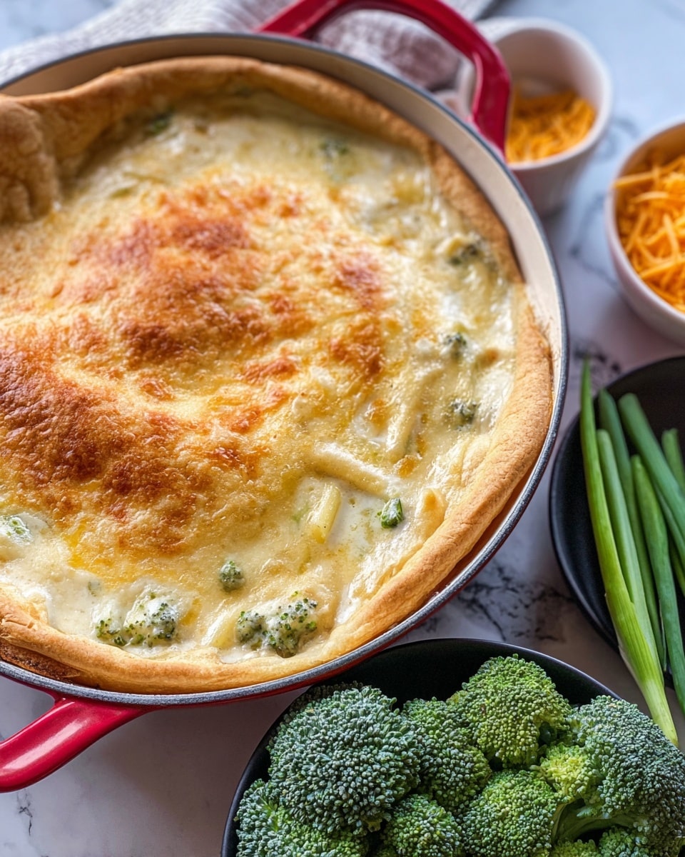 A white pan with red handles holds a golden-brown baked pie crust on top, lightly cracked and puffed, covering a creamy mixture with visible pieces of green broccoli and bits of pasta beneath. The creamy layer is pale yellow-white and thick, bubbling slightly at the edges. On the white marbled surface next to the pan, there are fresh bright green broccoli florets on a black bowl and fresh green scallions laid flat. A white bowl with grated orange cheese is seen slightly blurred in the background. Photo taken with an iphone --ar 4:5 --v 7