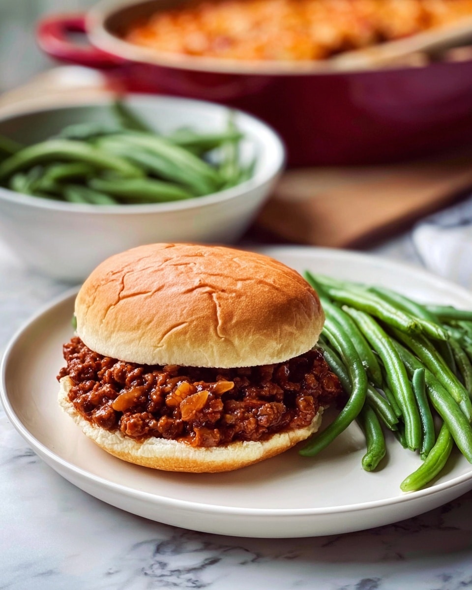 A white plate with a sloppy joe sandwich and green beans. The sandwich has three layers: a soft brown top bun with a textured, wrinkled surface, a thick middle layer of chopped cooked ground beef mixed with onions in a reddish sauce, and a soft light tan bottom bun. Next to the sandwich are fresh, shiny, green beans spread out loosely on the right side of the plate. In the background, there is a white bowl filled with more green beans and a red dish with a baked casserole. The plate sits on a white marbled surface. photo taken with an iphone --ar 4:5 --v 7