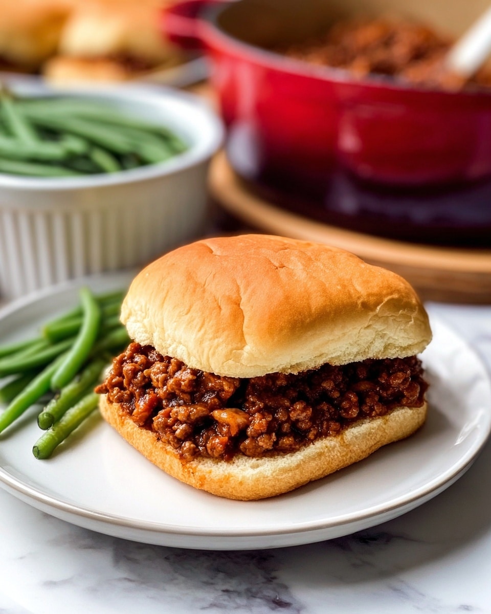 A close-up of a sandwich on a white plate with a few green beans on the side. The sandwich has a soft, golden-brown bun with visible wrinkles on top. Inside, there is a thick layer of cooked ground meat with a rich brown color and slightly chunky texture. In the background, there is a white bowl filled with more green beans and a red pot with food inside, all set on a white marbled surface. The photo taken with an iphone --ar 4:5 --v 7
