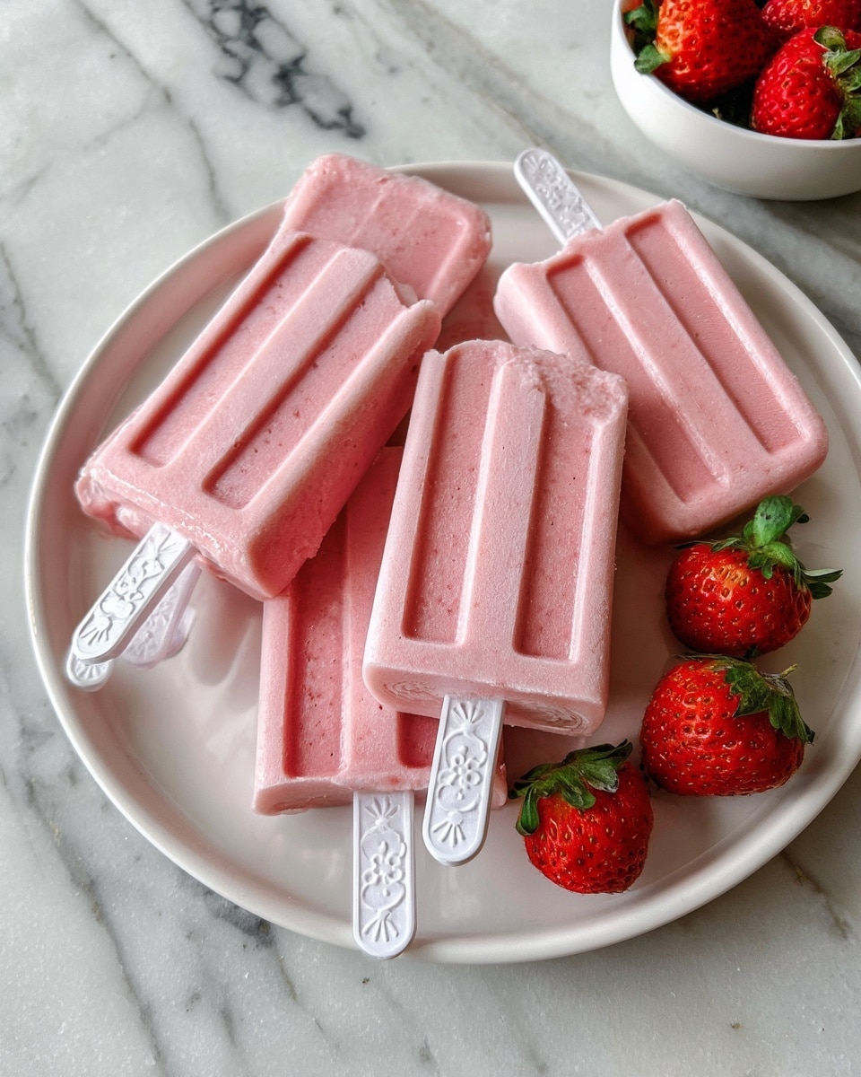 Several soft pink popsicles with faint texture lines are arranged on a white plate, each with a white plastic stick featuring a patterned grip and circular flower design at the bottom. The popsicles are placed so some rest horizontally and others slightly angled, showing smooth, creamy surfaces. Three red strawberries with green leaves sit next to the plate on a white marbled surface, adding a pop of vibrant color. The soft natural light highlights the cool, frozen texture of the popsicles and the fresh fruit beside them. Photo taken with an iphone --ar 4:5 --v 7