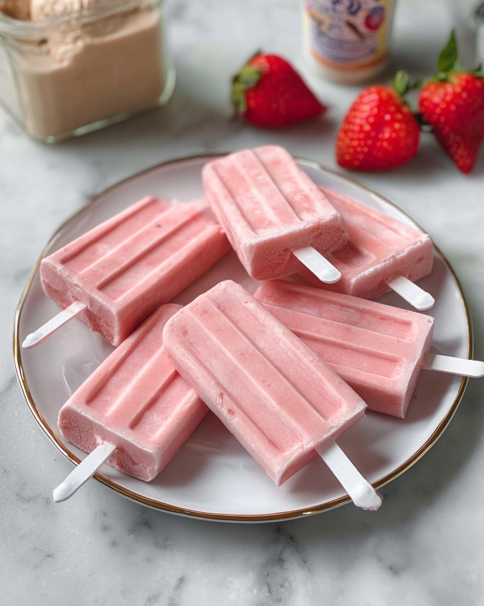 Seven small pink popsicles with white plastic sticks are neatly arranged on a white plate with a thin gold rim, placed on a white marbled surface. The popsicles have a smooth texture with slight ridges running vertically. Surrounding the plate are three bright red strawberries with green leaves and a clear container of light brown ice cream is blurred in the background. The scene is softly lit, showing fresh and cool vibes. photo taken with an iphone --ar 4:5 --v 7