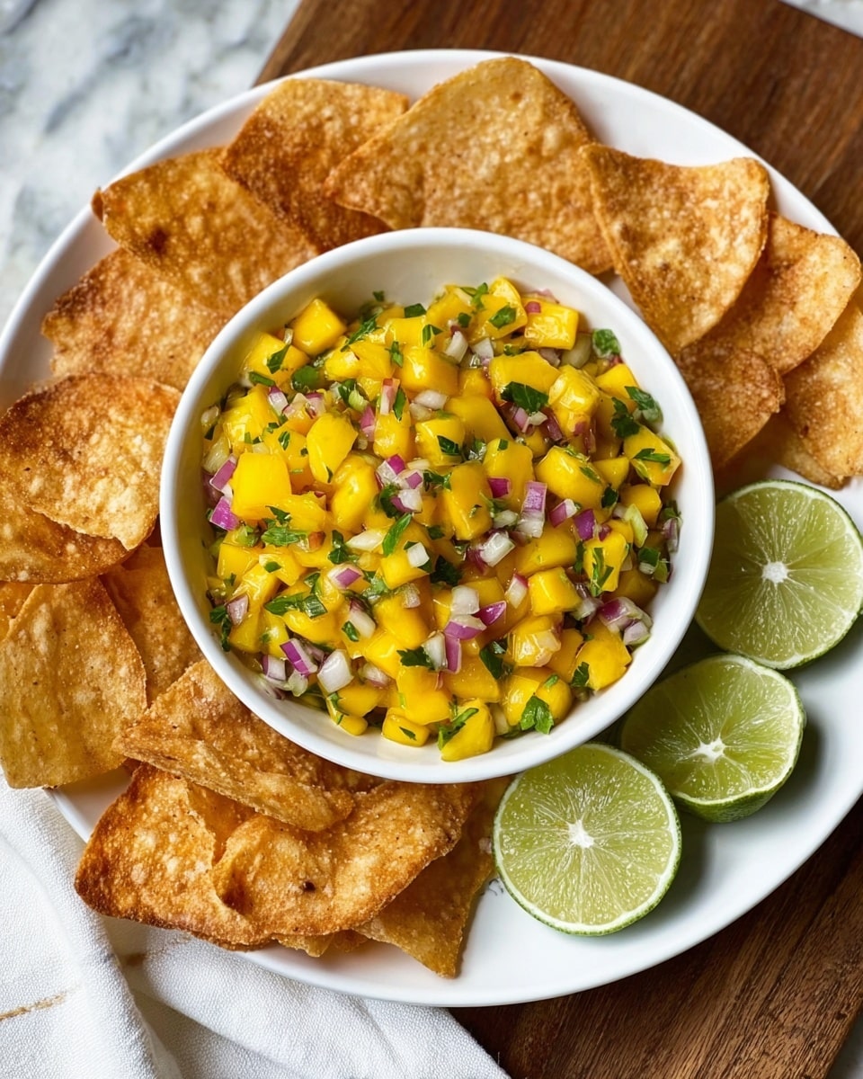 A white bowl filled with bright yellow mango salsa mixed with small pieces of red onion, green herbs, and bits of white onion, placed at the center of a white plate. Around the bowl, there are several golden-brown, crispy tortilla chips arranged in a circle. To the right of the bowl on the plate, there are two lime halves showing their light green interior. The plate sits on a wooden surface with a white marbled texture cloth nearby. photo taken with an iphone --ar 4:5 --v 7