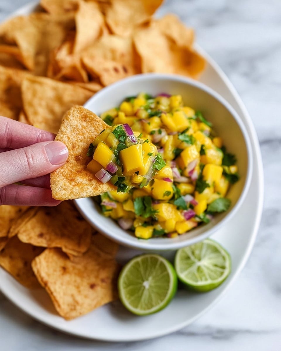 A white bowl filled with a brightly colored mango salsa that has visible layers of yellow mango chunks, green cilantro leaves, and small pieces of red onion, all mixed together creating a fresh and vibrant texture. The bowl is placed on a white plate that also holds several light golden-brown, crispy tortilla chips, spread around the bowl. In front of the bowl are two halves of a green lime with a juicy inside. A woman's hand is holding one of the tortilla chips, topped with a generous scoop of the mango salsa, close to the camera. The whole setting is on a white marbled textured surface. photo taken with an iphone --ar 4:5 --v 7