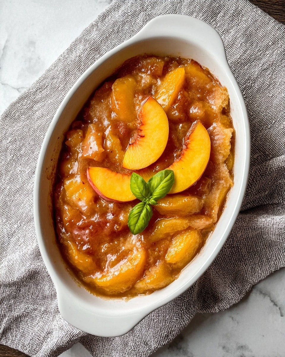 The image shows a white oval baking dish filled with a warm peach cobbler. The dish contains one visible thick layer of soft, cooked peach slices mixed in a glossy, caramel-colored syrup, giving the dish a shiny texture. On top, there are two fresh peach slices and a small green basil leaf placed at the center for decoration. The baking dish rests on a light gray cloth with a subtle pattern, placed over a white marbled surface. photo taken with an iphone --ar 4:5 --v 7