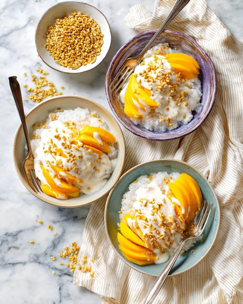 The image shows a white plate with two main layers: on one side, there are thick slices of bright yellow mango arranged in a fan shape. On the other side, there is a mound of white sticky rice with a slightly rough texture. Both the mango and the rice are topped with a smooth, white coconut milk sauce that drips gently over them. Small yellow toasted mung beans are sprinkled over the top, adding a bit of texture and color contrast. A gold fork rests on the plate near the mango, and the background is a white marbled texture. photo taken with an iphone --ar 4:5 --v 7