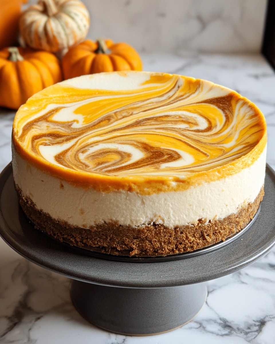 A round cheesecake with three visible layers sits on a dark gray cake stand set against a white marbled texture. The bottom layer is a dense, crumbly brown crust. The middle layer is thick, smooth, and creamy white cheesecake. The top layer is a marbled swirl of bright orange and light cream, creating a flowing pattern across the surface. In the background, there are small orange pumpkins adding a seasonal touch. Photo taken with an iphone --ar 4:5 --v 7