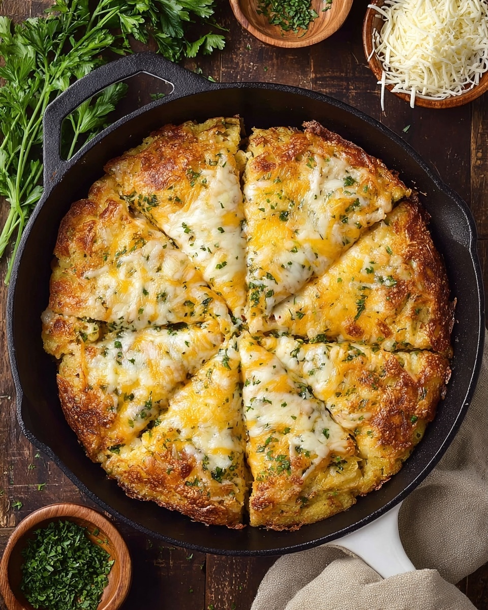A white-handled black cast iron skillet contains a round baked dish cut into eight thick triangular slices. The top layer is golden yellow melted cheese mixed with white melted cheese, both bubbly and slightly browned around the edges. Underneath the cheese, bits of finely chopped green herbs add specks of color. The crust is golden brown and crispy, visible around the edges and under some of the cheese. The skillet is set on a rustic dark wooden surface with a sprig of fresh green parsley on the left, a wooden bowl with white shredded cheese at the top, and a wooden bowl with chopped green herbs at the bottom right. A beige linen cloth is placed on the top right corner. photo taken with an iphone --ar 4:5 --v 7