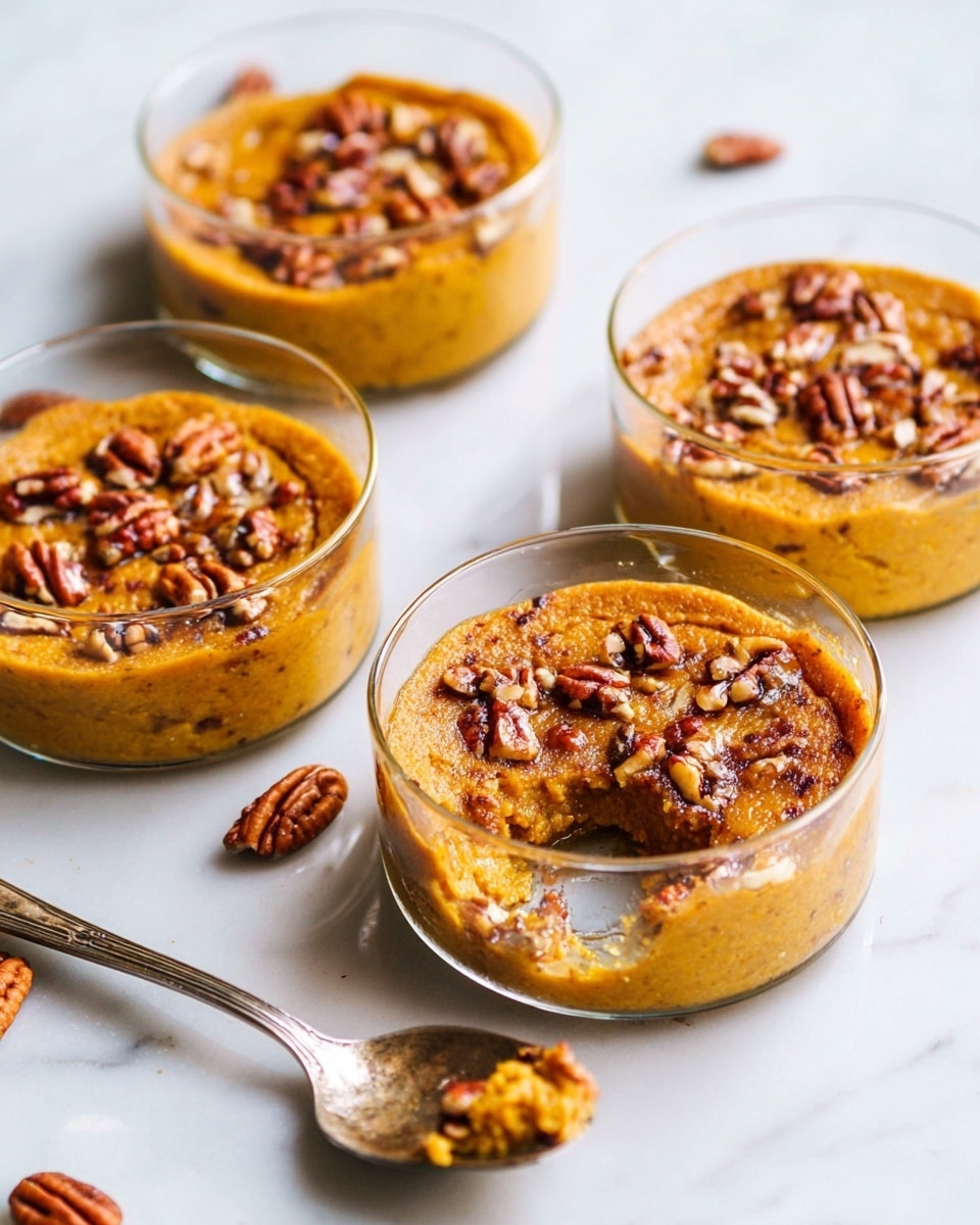 Four small transparent round glass bowls are filled with a baked pumpkin dessert topped with scattered pecan pieces. Each dessert has a golden brown textured surface with visible cracks and nut pieces on top. One bowl at the front shows a spoon inserted inside, revealing a soft, moist interior with a chunk taken out. The bowls are placed on a white marbled surface with some pecans scattered around. The overall color palette is warm with orange, brown, and golden hues. photo taken with an iphone --ar 4:5 --v 7