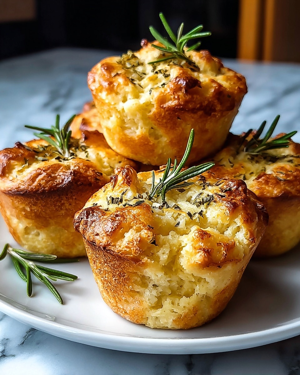 The image shows five golden-brown savory muffins on a white plate, arranged in a small group with one muffin in front and the others behind it. Each muffin has a slightly crispy and bubbly top layer with browned spots, topped with green rosemary sprigs and small herbs sprinkled across. The muffins have a soft, textured look with visible air pockets in the dough, giving them a light, fluffy appearance. The plate is set on a surface with a white marbled texture, and the background is dark and blurred, making the muffins the main focus. photo taken with an iphone --ar 4:5 --v 7