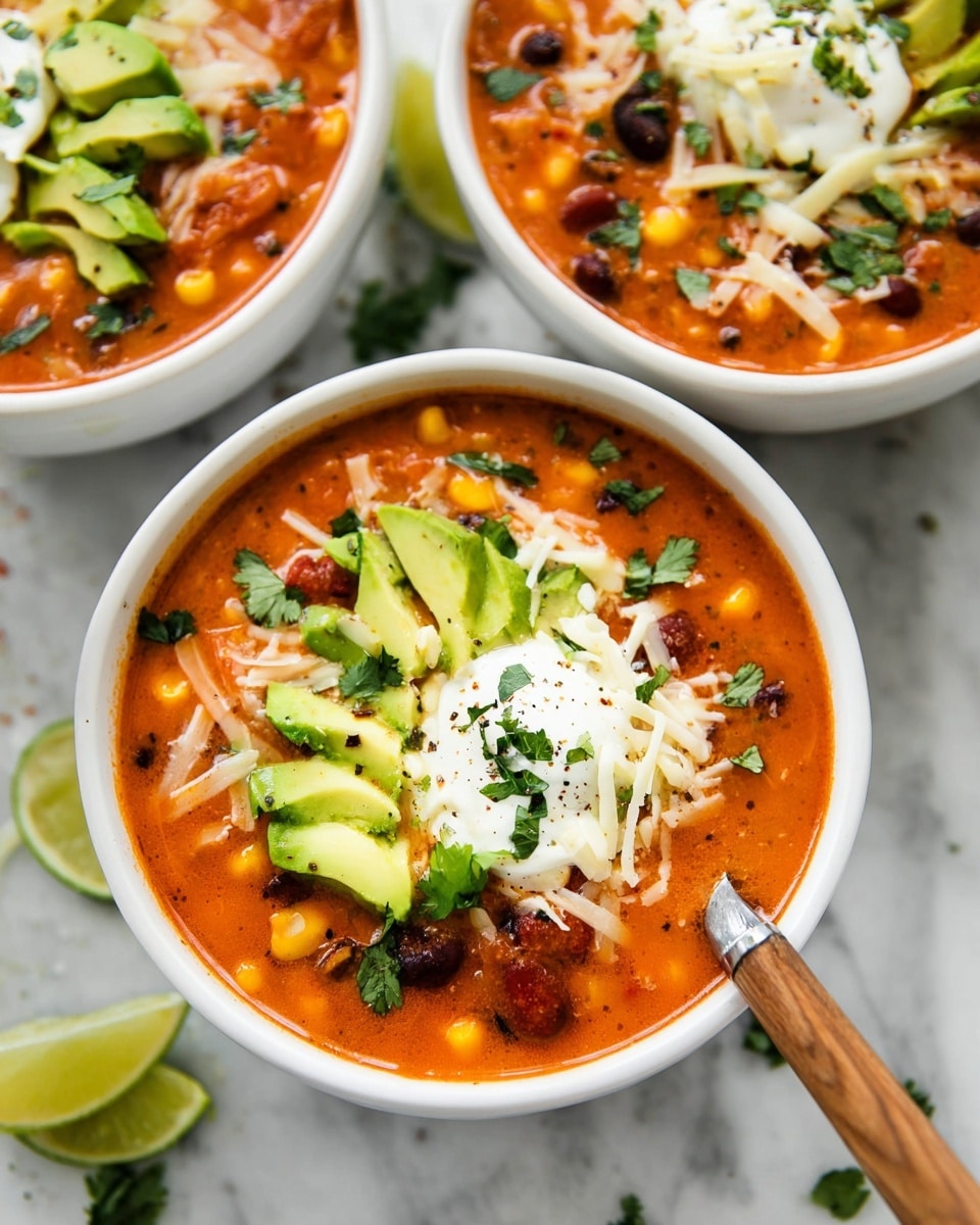 A creamy orange soup with visible black beans and chunks of yellow corn fills a white bowl. On top, there are three slices of green avocado arranged in a fan shape on the right side, a dollop of white sour cream slightly to the right, and a sprinkle of shredded white cheese in the center, all garnished with fresh green cilantro leaves and a little black pepper. A wooden-handled spoon is placed inside the bowl, resting on the soup near the back. The bowl sits on a white marbled surface with scattered bits of cilantro, shredded cheese, and a lime wedge in the background. photo taken with an iphone --ar 4:5 --v 7