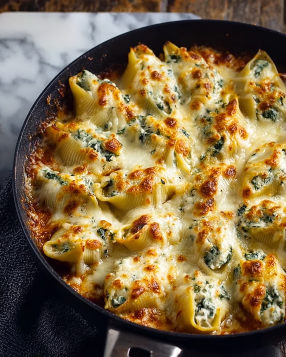 The image shows a black cast iron pan filled with large pasta shells stuffed with a creamy white cheese mixture and topped with melted golden-brown cheese that bubbles and crisps slightly. The pasta shells are arranged closely together, covering the entire pan. The melted cheese has different shades of light gold and darker brown spots, adding texture and richness to the dish. The background is a white marbled surface with a hint of green from some out-of-focus leaves. A woman's hand holds a spoon scooping one shell from the pan, showing the creamy filling inside. Photo taken with an iphone --ar 4:5 --v 7