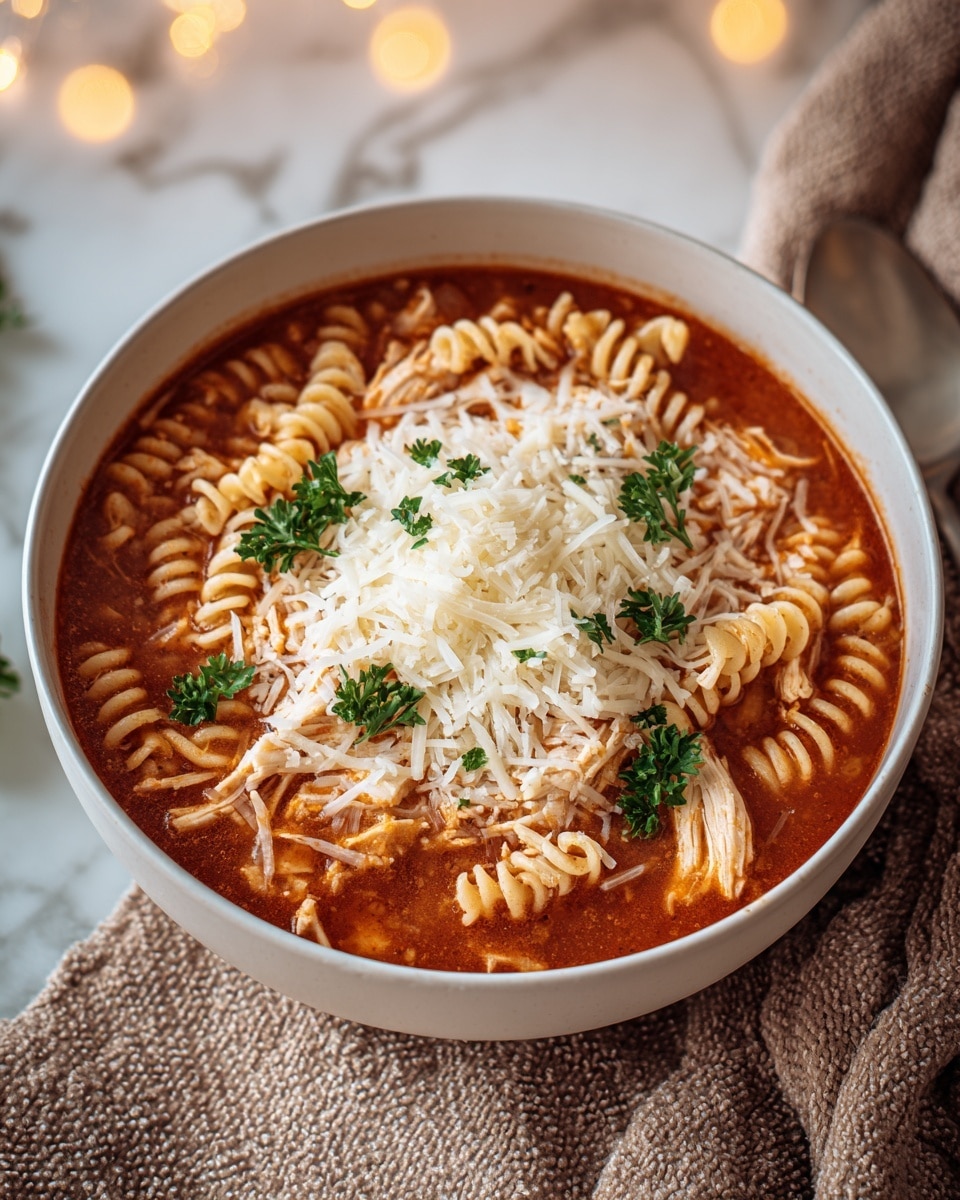 The image shows a bowl of creamy tomato soup with a smooth orange color, filled with several cooked rotini pasta pieces that are light beige. On top, there are small round croutons with a golden brown crispy texture, and some grated white cheese sprinkled in the center. The soup is garnished with finely chopped green herbs scattered lightly across the surface. The bowl is white and sits on a white marbled surface. Photo taken with an iphone --ar 4:5 --v 7